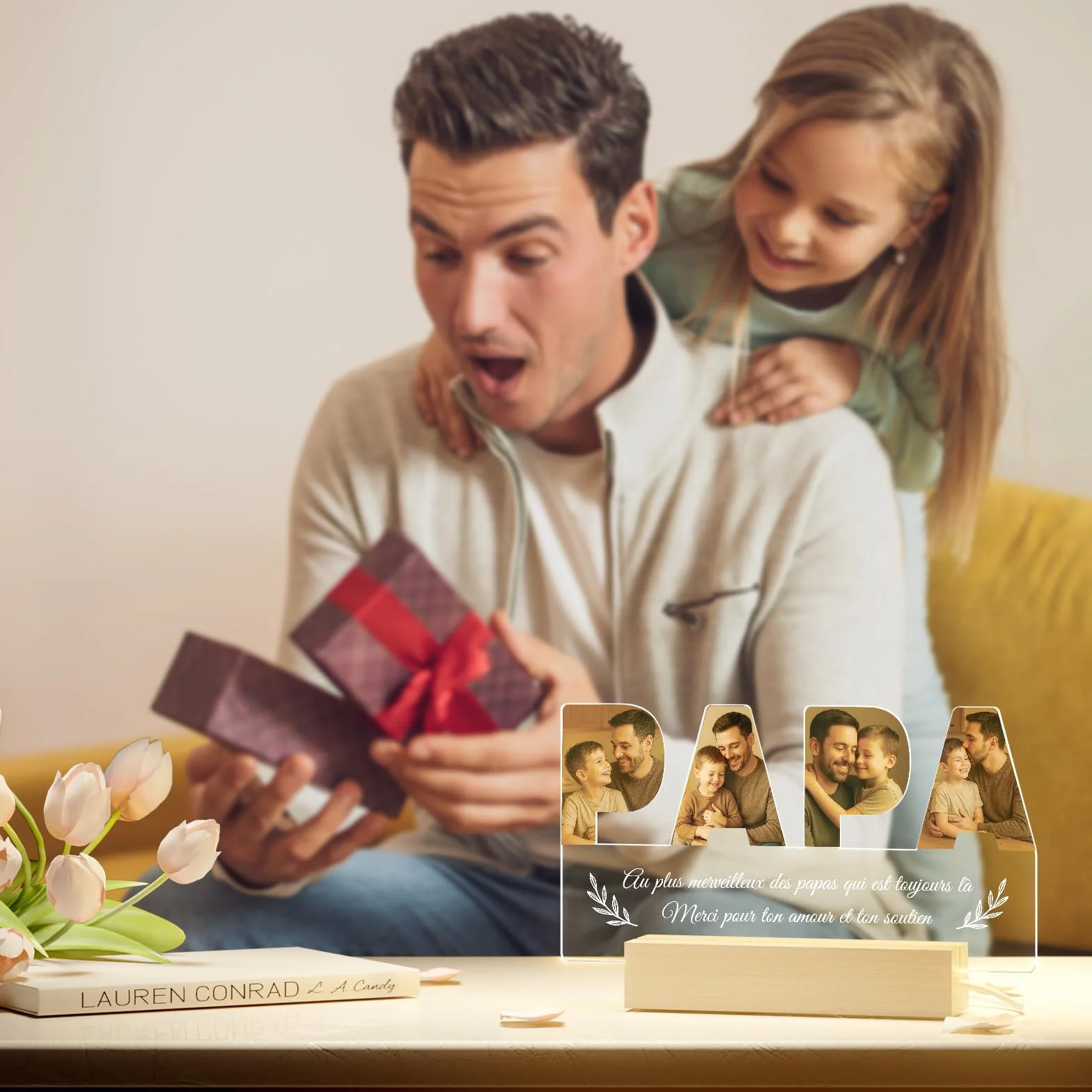 Veilleuse Photo Personnalisée Papa Cadeau Fête des Pères Lampe LED Gravée Photo