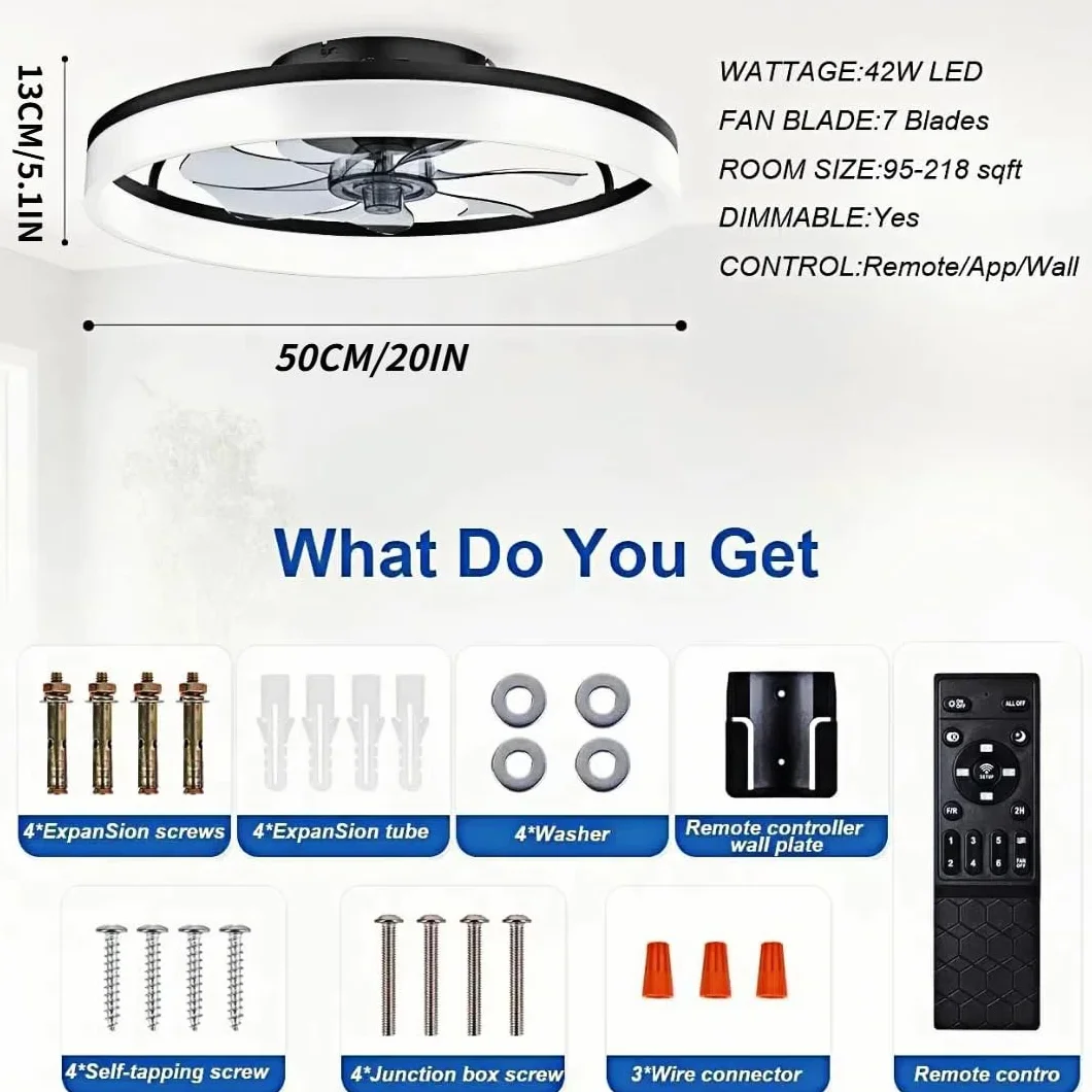 Ventilateur de Plafond Silencieux 50cm avec LED, Télécommande, 6 Vitesses et Réversible