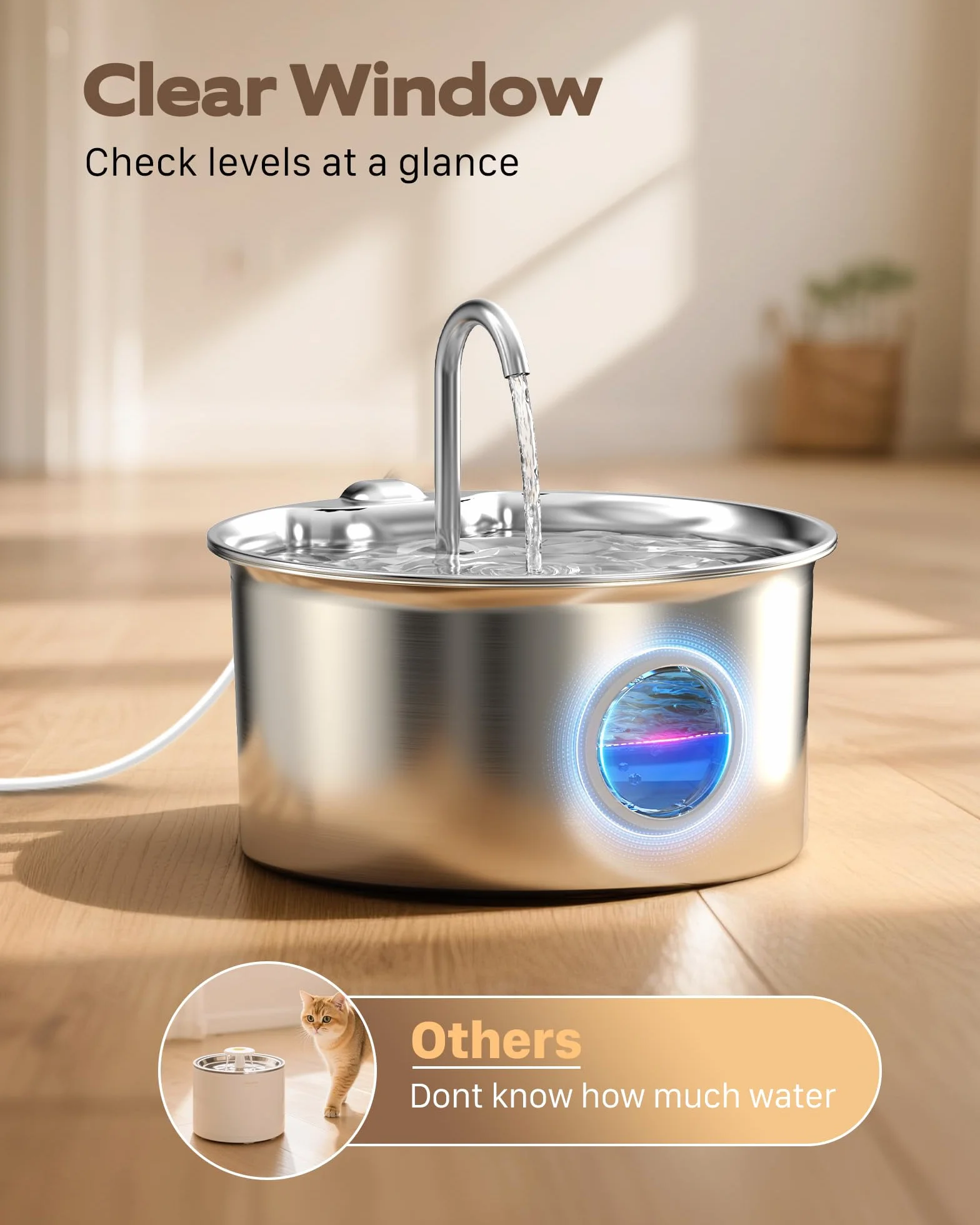 Fontaine à Eau pour Chat INOX 2,6L Automatique Silencieuse avec Fenêtre de Niveau d'eau