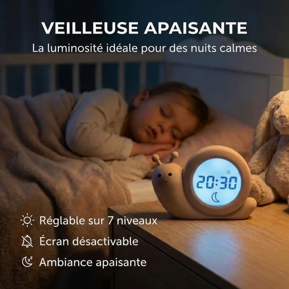 Alecto BC110BE Simon Réveil Enfant Éducatif Jour/Nuit Veilleuse Escargot