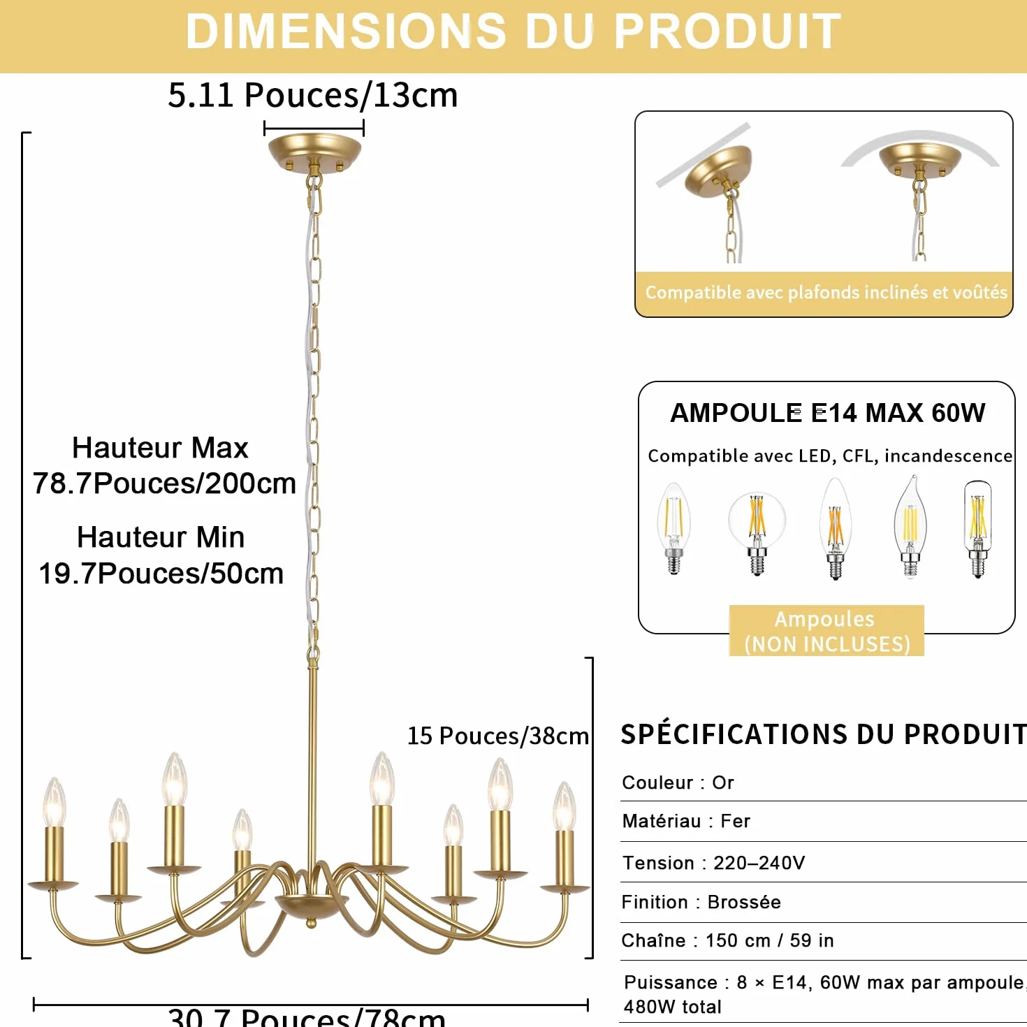Lustre Doré Vintage, 8 Lumières Plafonnier Dore Moderne Suspension Luminaire Industriel Lustre Salon Chambre Salle à Manger Couloir Cuisine Entree - Ampoule E14 (Non Incluses)