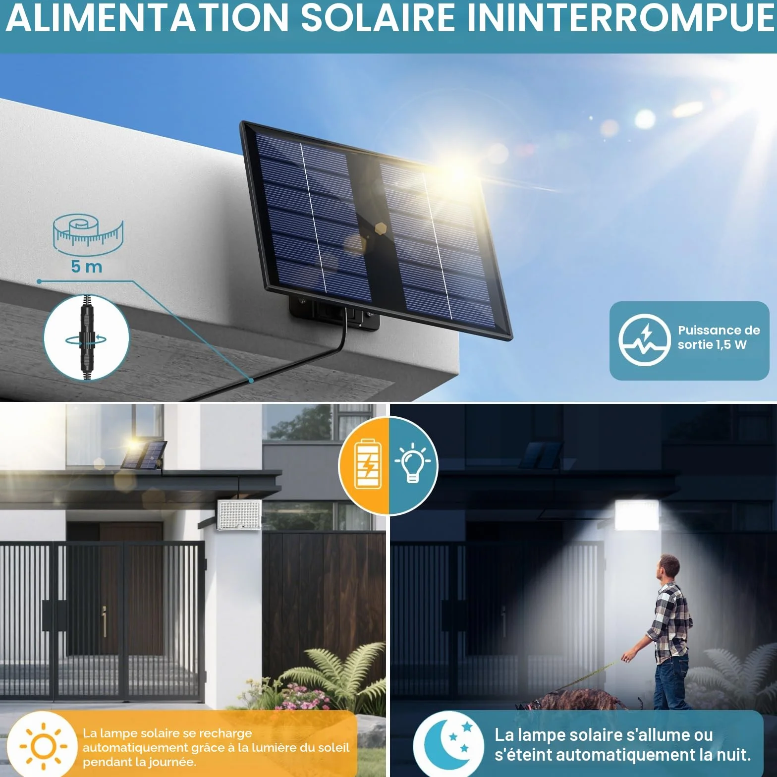 Lampe Solaire Extérieure 113 LED 2000 mAh IP65 Détecteur de Mouvement 4 Modes Étanche Spot LED Jardin Garage 5M Câble