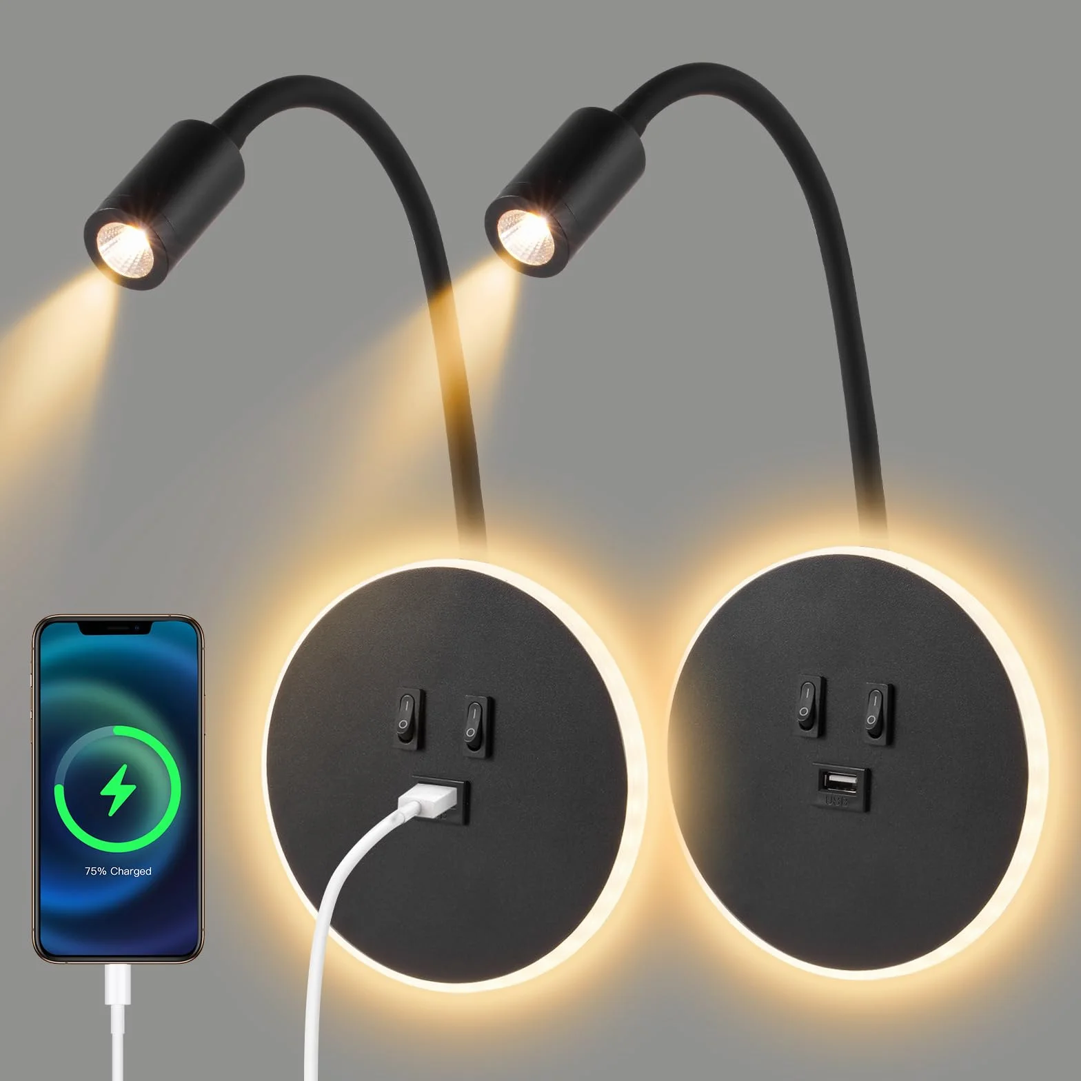 Applique Murale Interieur LED, Liseuse de Chevet avec Interrupteur, Port USB, Rotation 360°, 3000K Lampe de Lecture pour Chambre, Salon