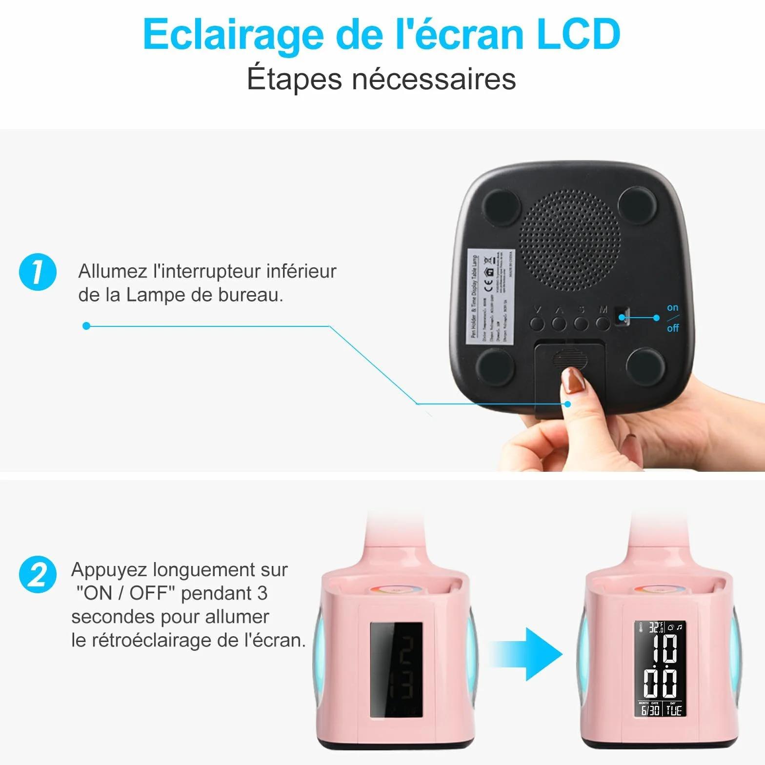 Lampe de Bureau LED Enfant avec Horloge, Réveil, Calendrier, Thermomètre, RGB et Porte-Stylo, Réglable, Protection des Yeux, Rose