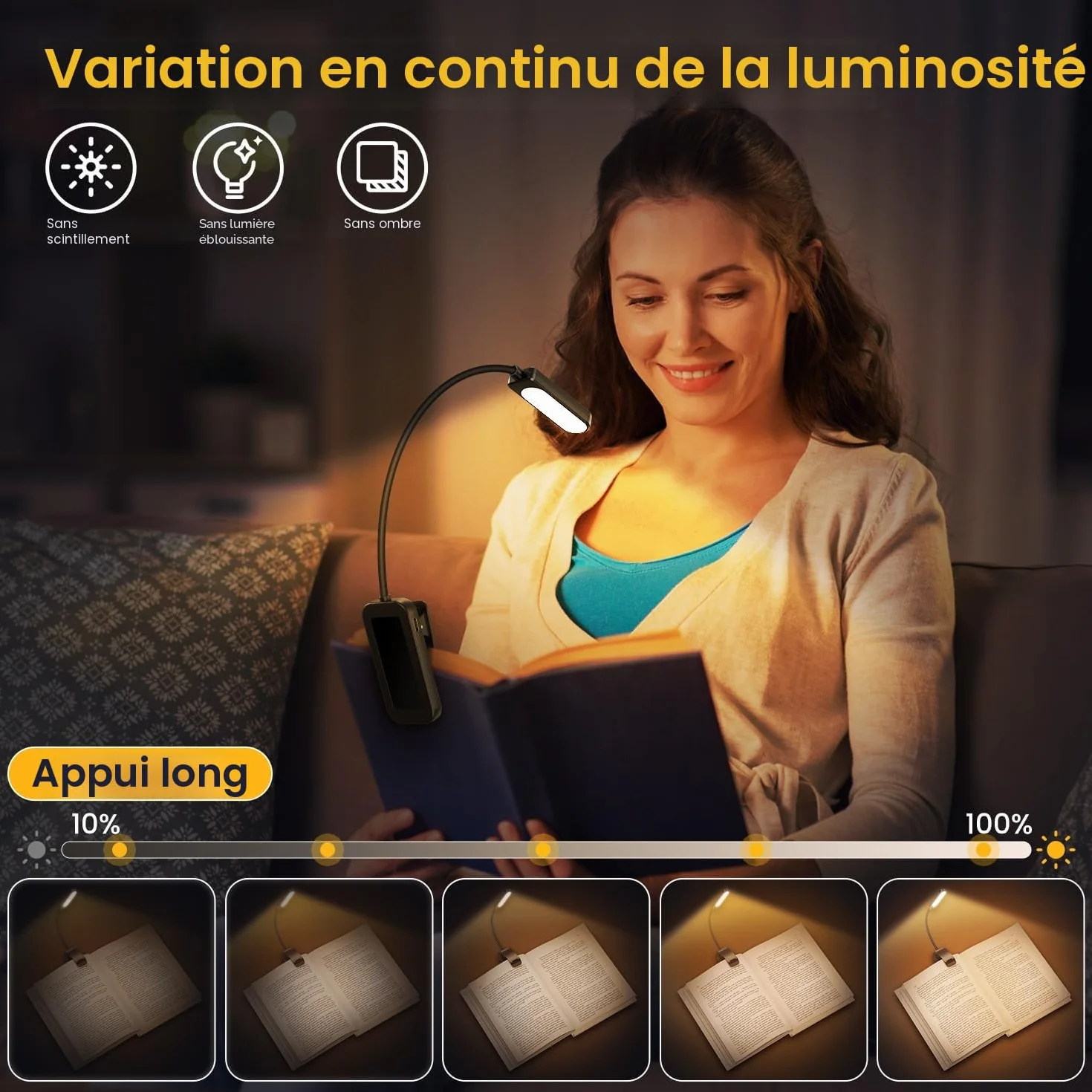 GARITE Lampe de Lecture 10 LED Rechargeable Clip, Gradation 100%-10% 3 Couleurs, Cou Flexible 360°, Lampe Livre Nocturne