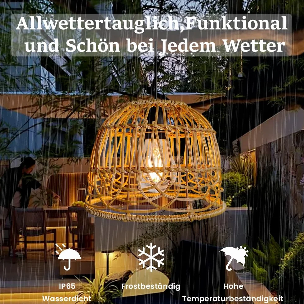 Suspension Bohème Solaire en Rotin Tressé Naturel IP44 LED Lumière Chaude