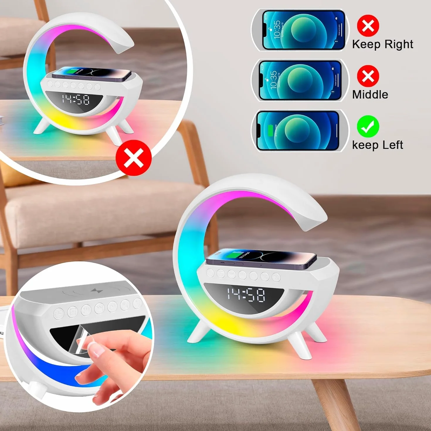 Lampe de Charge Sans Fil Bluetooth Multifonctionnelle 5-en-1 avec Veilleuse RVB et Réveil Numérique