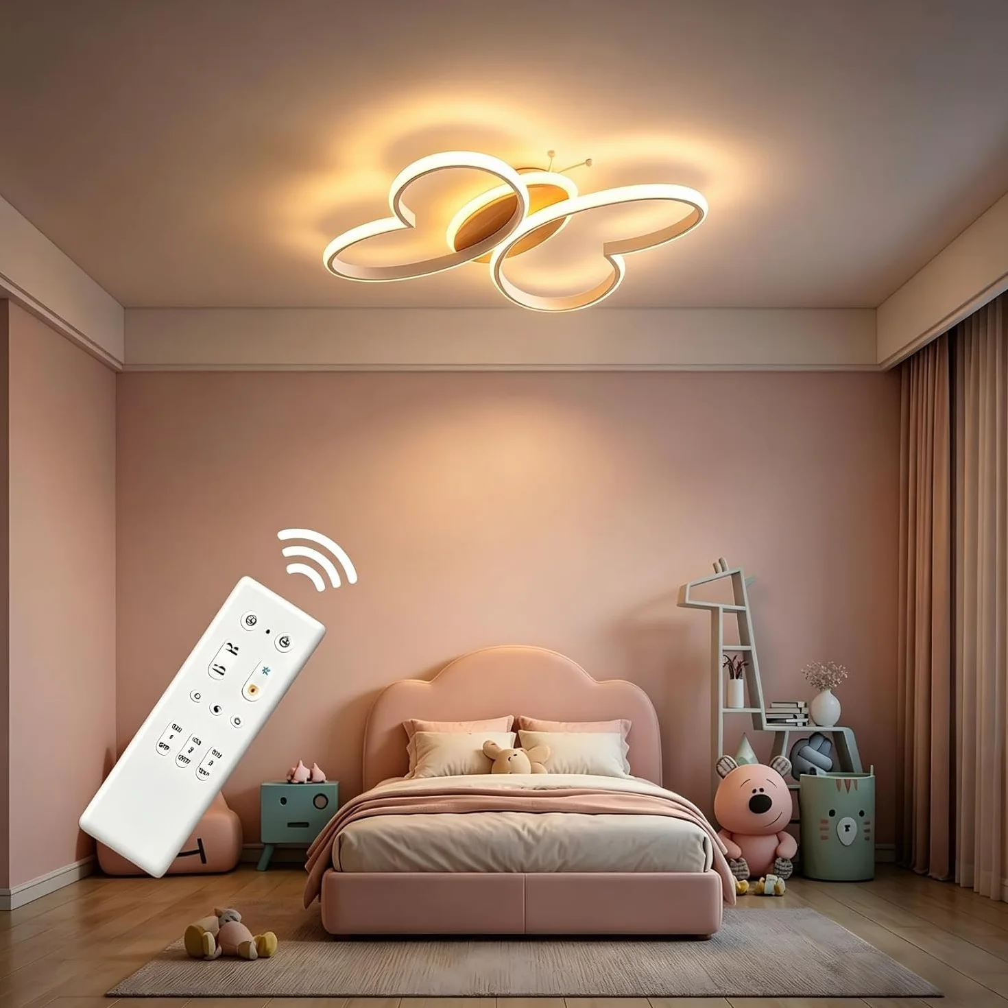 Lampe Plafond Chambre Enfant 58W LED Avec Télécommande Fonction Veilleuse Papillon Blanc