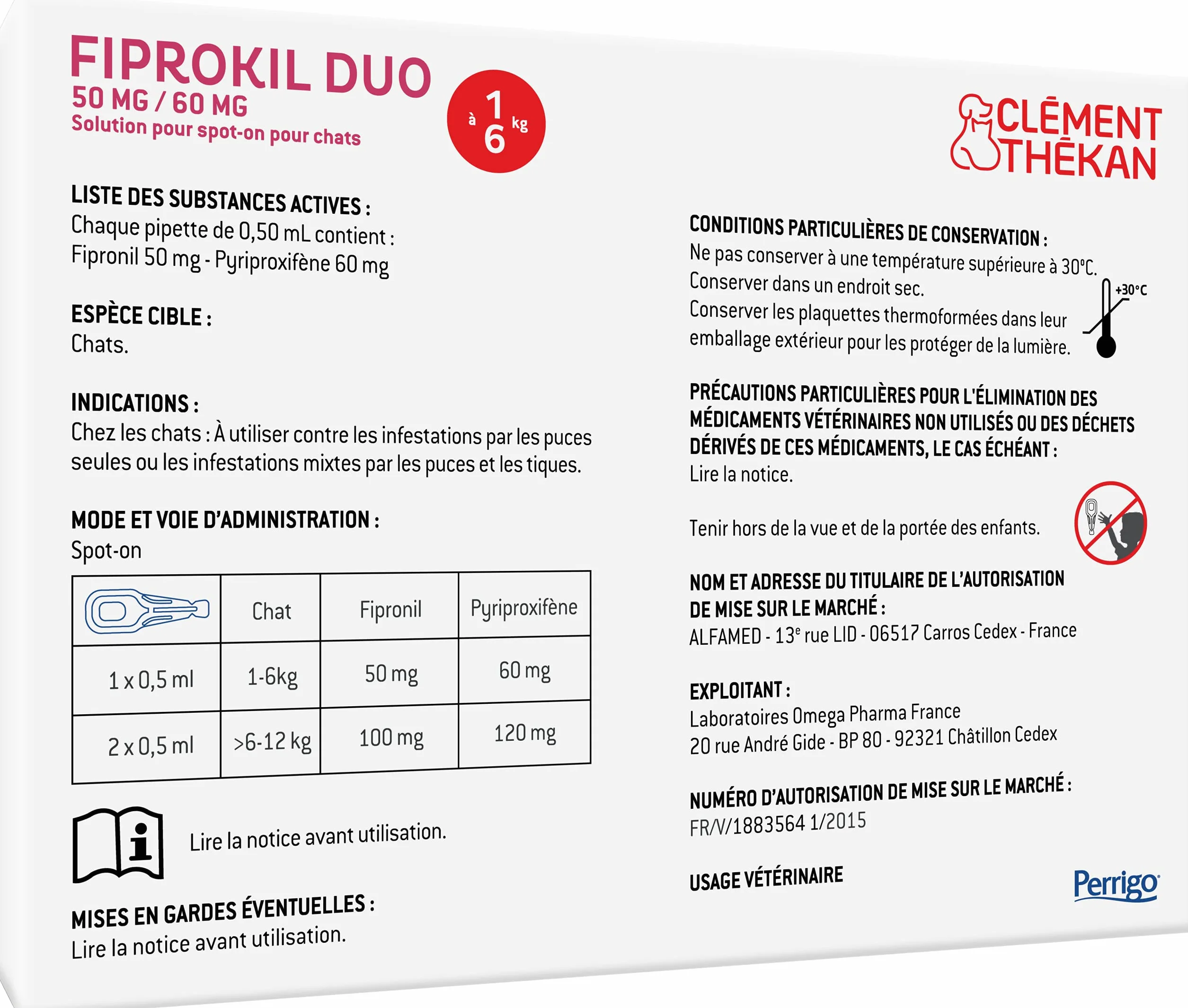 Clément Thékan Anti-puces Anti-tiques Chats Protection 2 en 1 4 pipettes Fiprokil Duo (50mg/60mg)