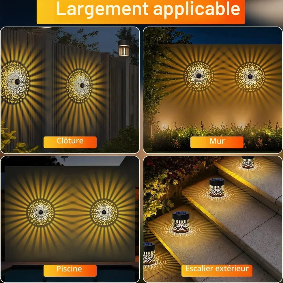 Lanterne Solaire Exterieur Jardin 2PCS Métal IP65 Étanche Décorative Balcon Terrasse Jaune Chaud