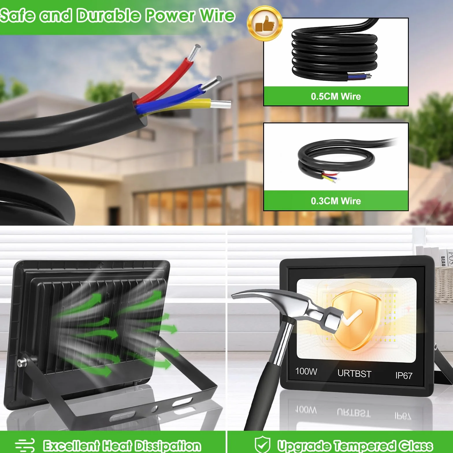Projektor LED Zewnętrzny 100W 10000LM IP67 7000K Chłodna Biel Do Ogrodu, Domu, Garażu