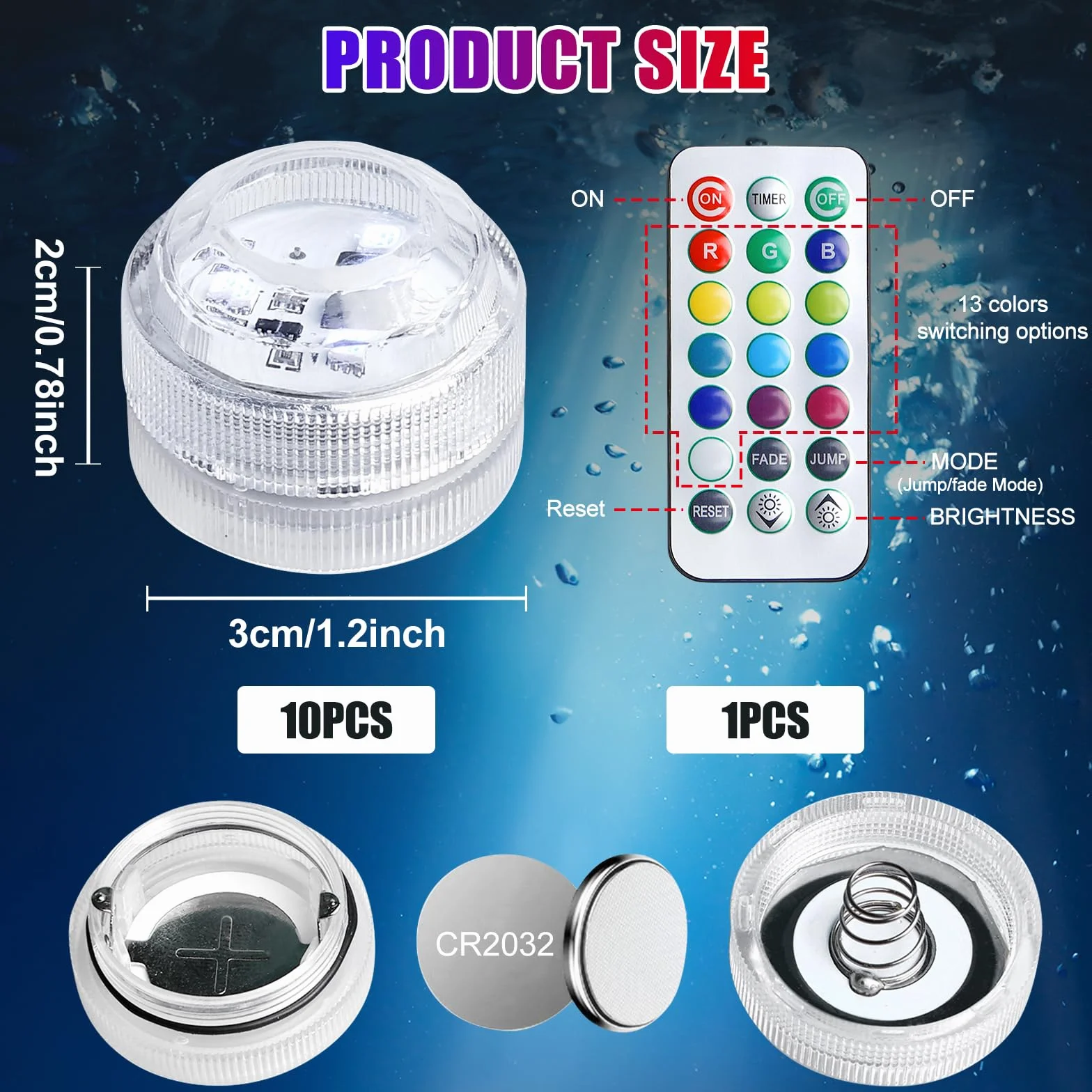 Lot de 12 Mini Lumières LED Submersible RGB Étanche 3,0x3,0x2,2cm pour Piscine Bassin Aquarium