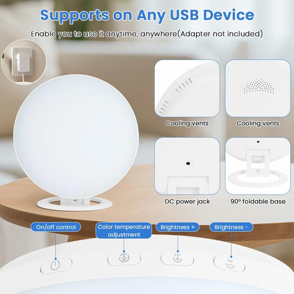AOOWU Lampe de Luminothérapie 10000LUX-30000LUX, Lampe Solaire Compacte Sans UV 3 Températures de Couleur 10 Niveaux de Luminosité avec Support Pliant