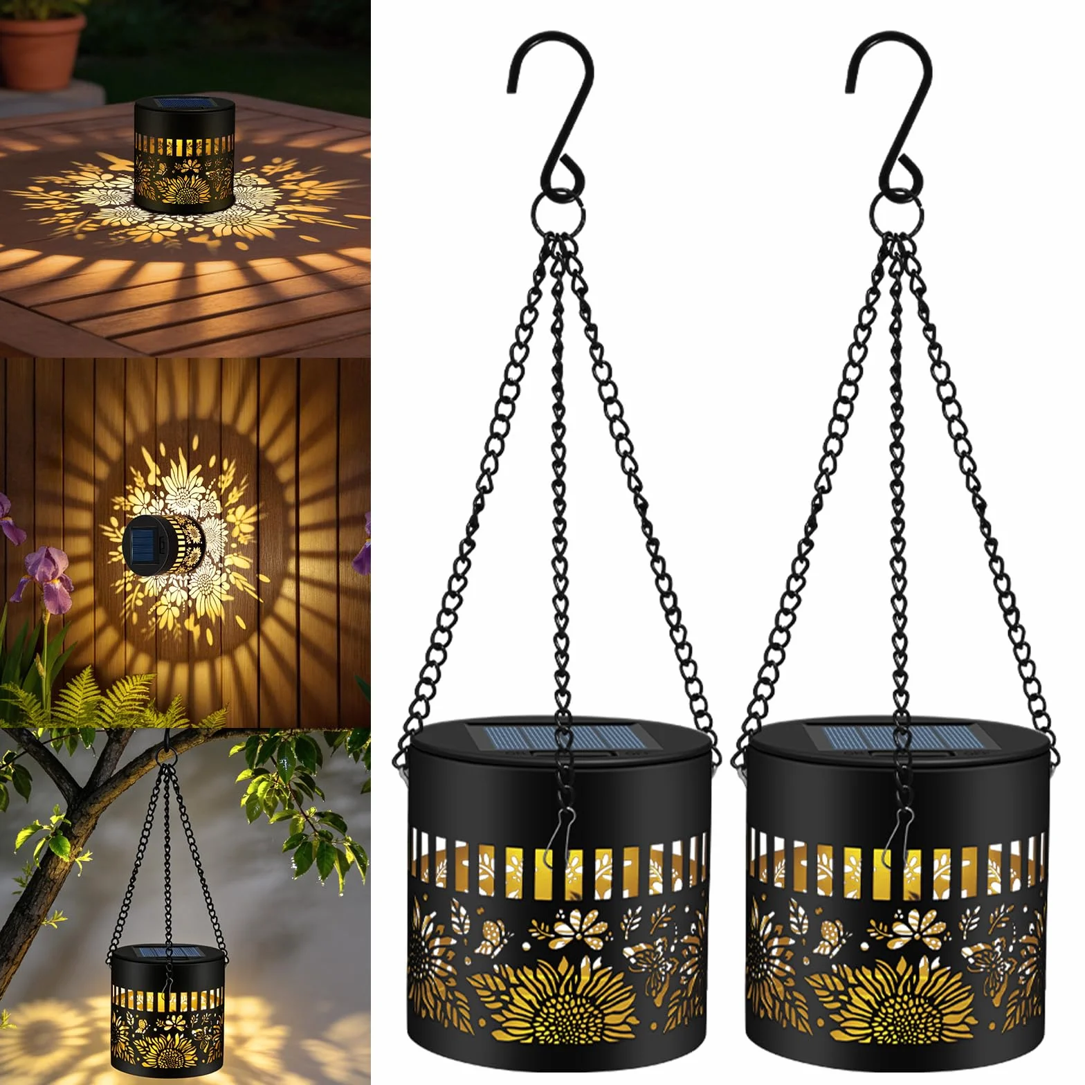 Lanternes Solaires D'extérieur Lot De 2, Blanc Chaud, Étanche, Allumage Automatique Pour Patio Jardin Terrasse