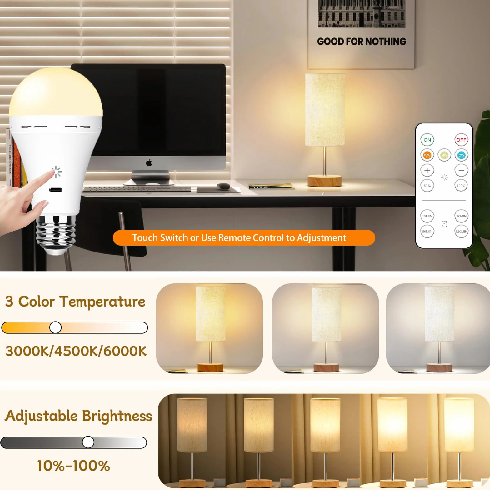 Ampoule LED Rechargeable USB E27 7W Dimmable 2600mAh 3 Températures de Couleur Avec Télécommande 2 Pack