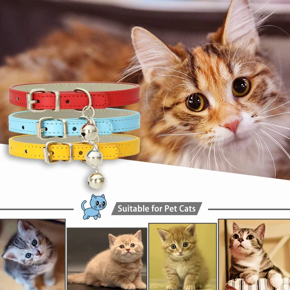Collier de Chats en Cuir Réglable avec Boucle en Métal et Clochette 3 Pièces