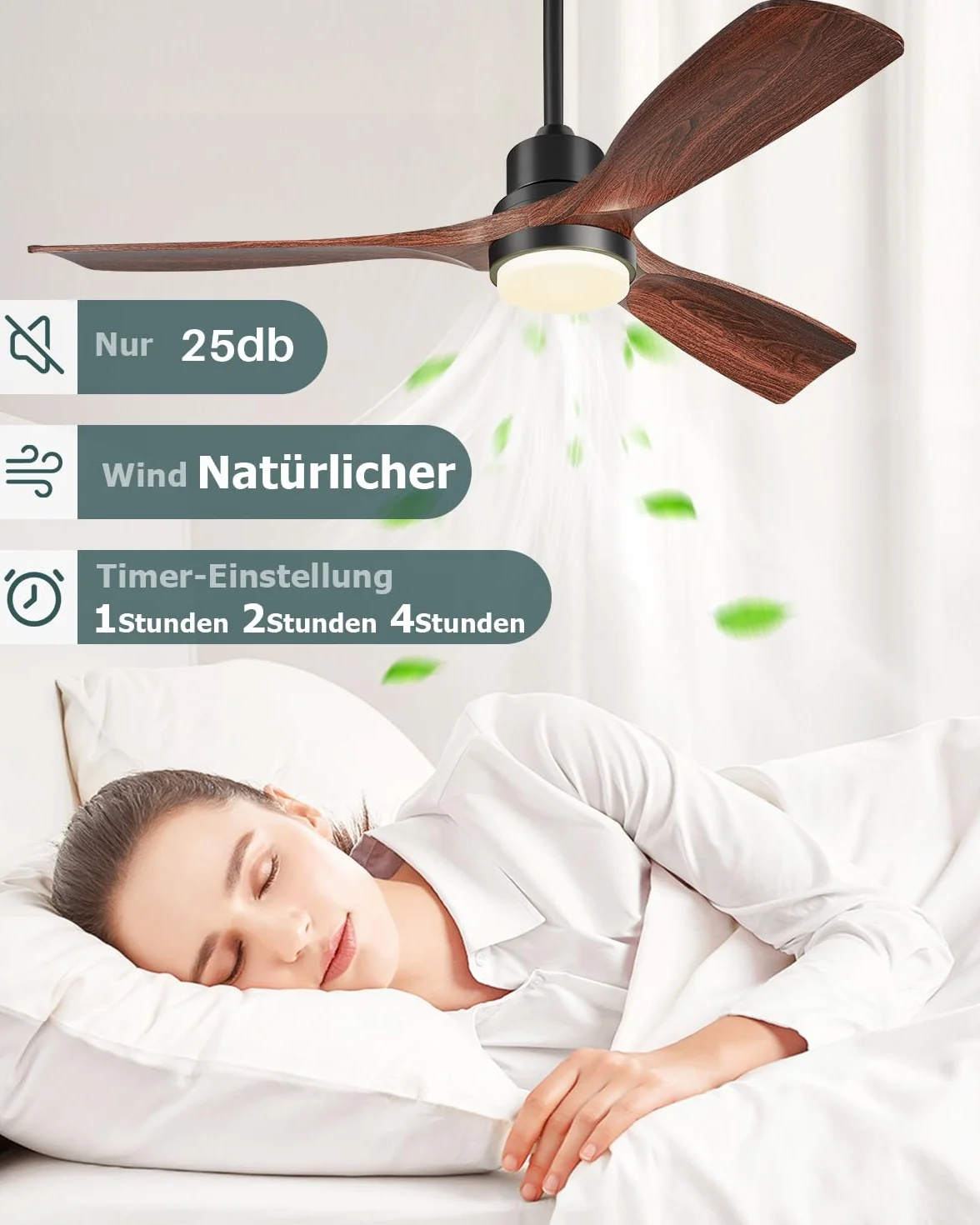 Ventilateur de plafond 132 cm avec lumière télécommande moteur DC réversible silencieux 3 pales bois design moderne