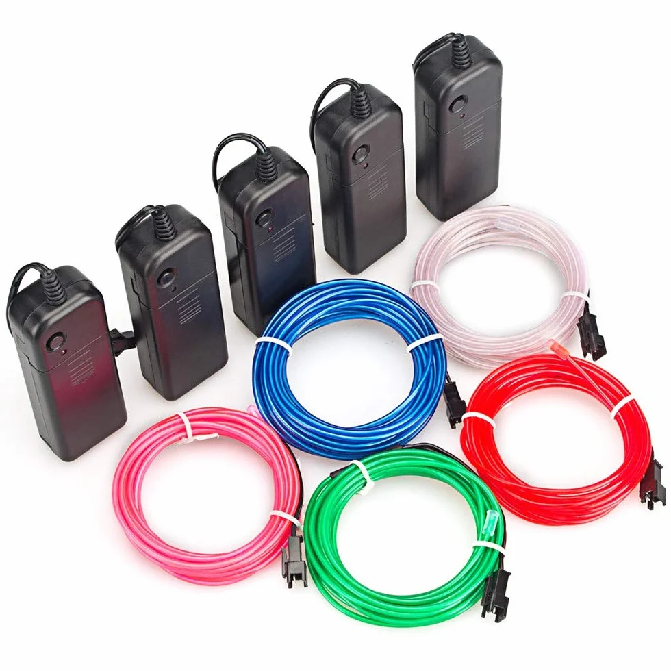 Guirlande Lumineuses EL Fil Néon 5x3M 3 Mode Éclairage Fixe Clignotant Stroboscope Tube Fluo EL Wire Fête Mariage