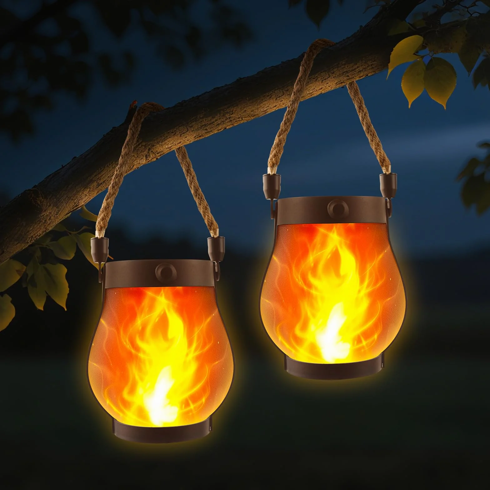 Lampe Solaire Extérieur Suspendue IP65 2 Pièces Lanterne Jardin Flamme Réaliste Veilleuse Auto Détection Décoration Murale