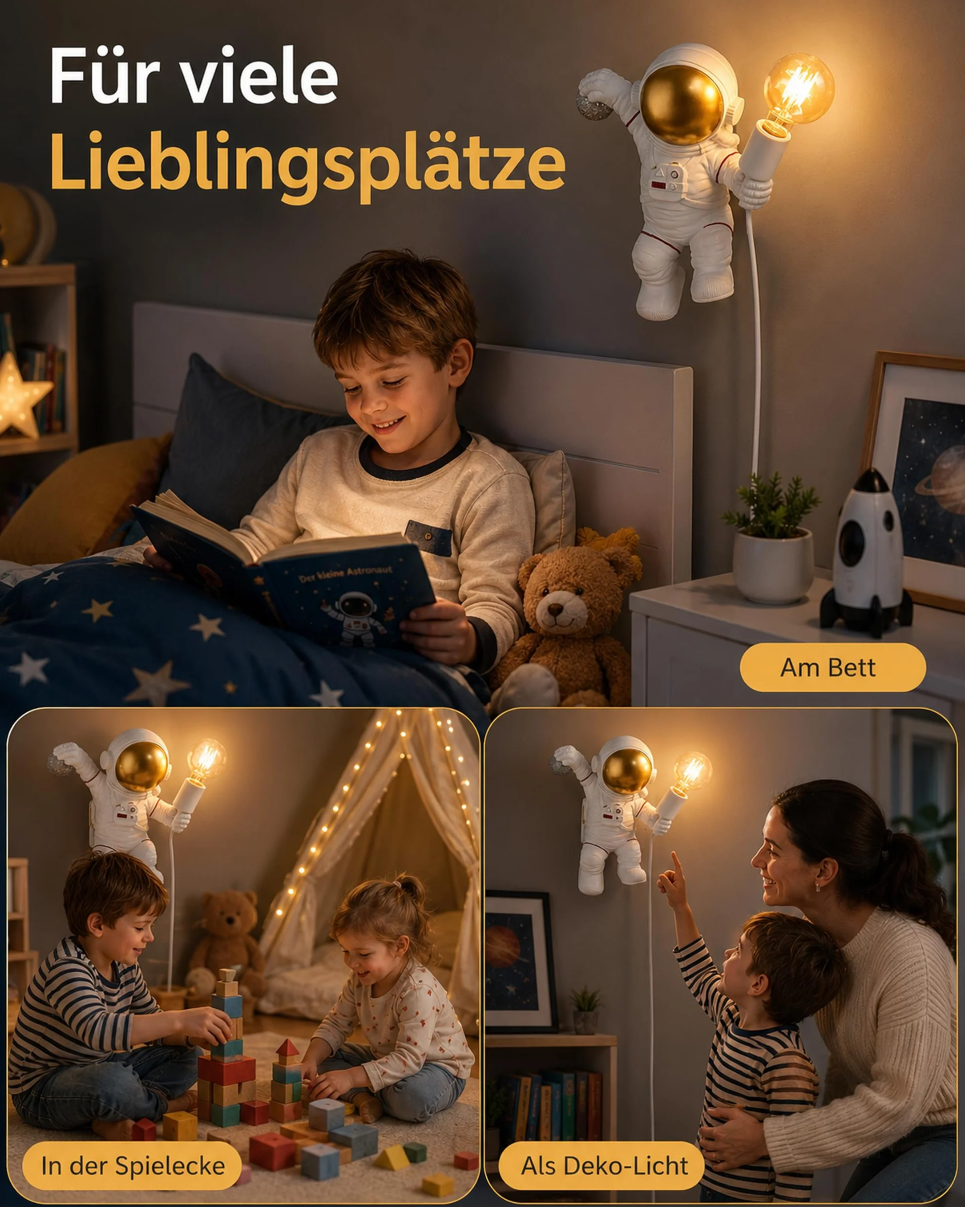 ACMHNC Applique Murale Enfant avec Interrupteur E27 Astronaute Lampe Murale Prise Câble 1,5 M Blanc