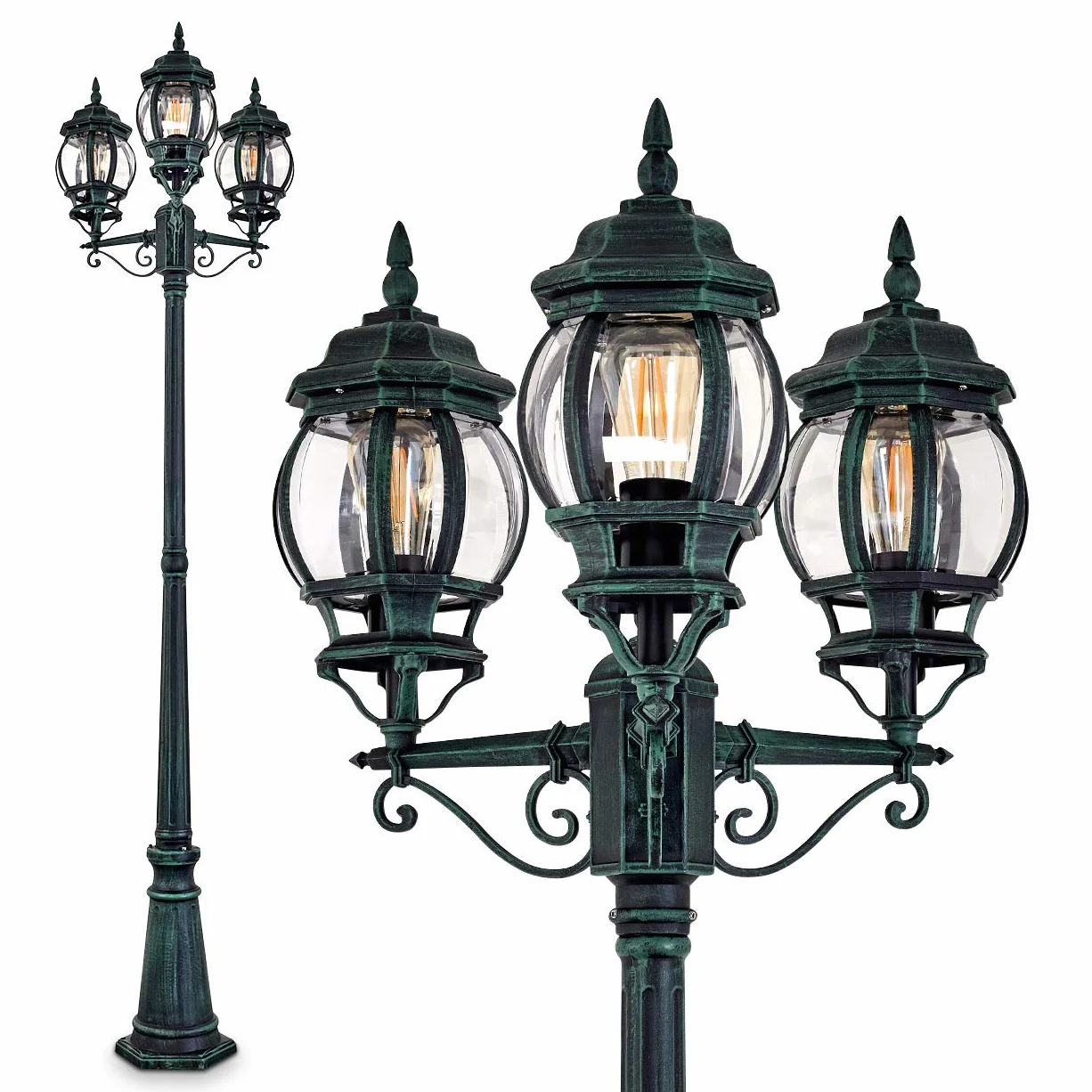 Kobe Lampe d'extérieur Candélabre Fonte d'aluminium Noir/Vert 3 Branches 215 cm E27 IP44