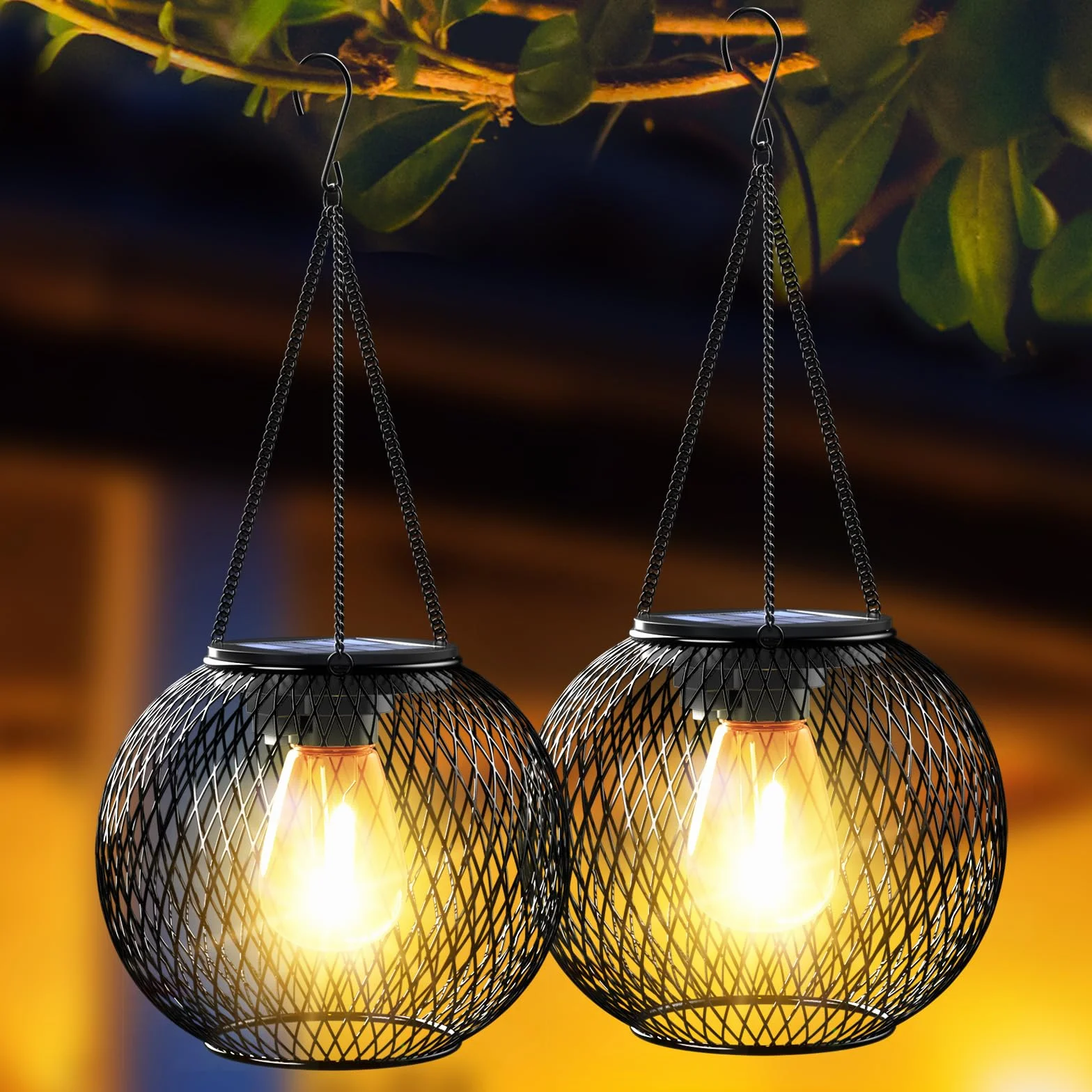 Lanterne Solaire Exterieur Jardin IP65 Étanche Led Blanc Chaud Suspendue Halloween Noël 2 Paquet