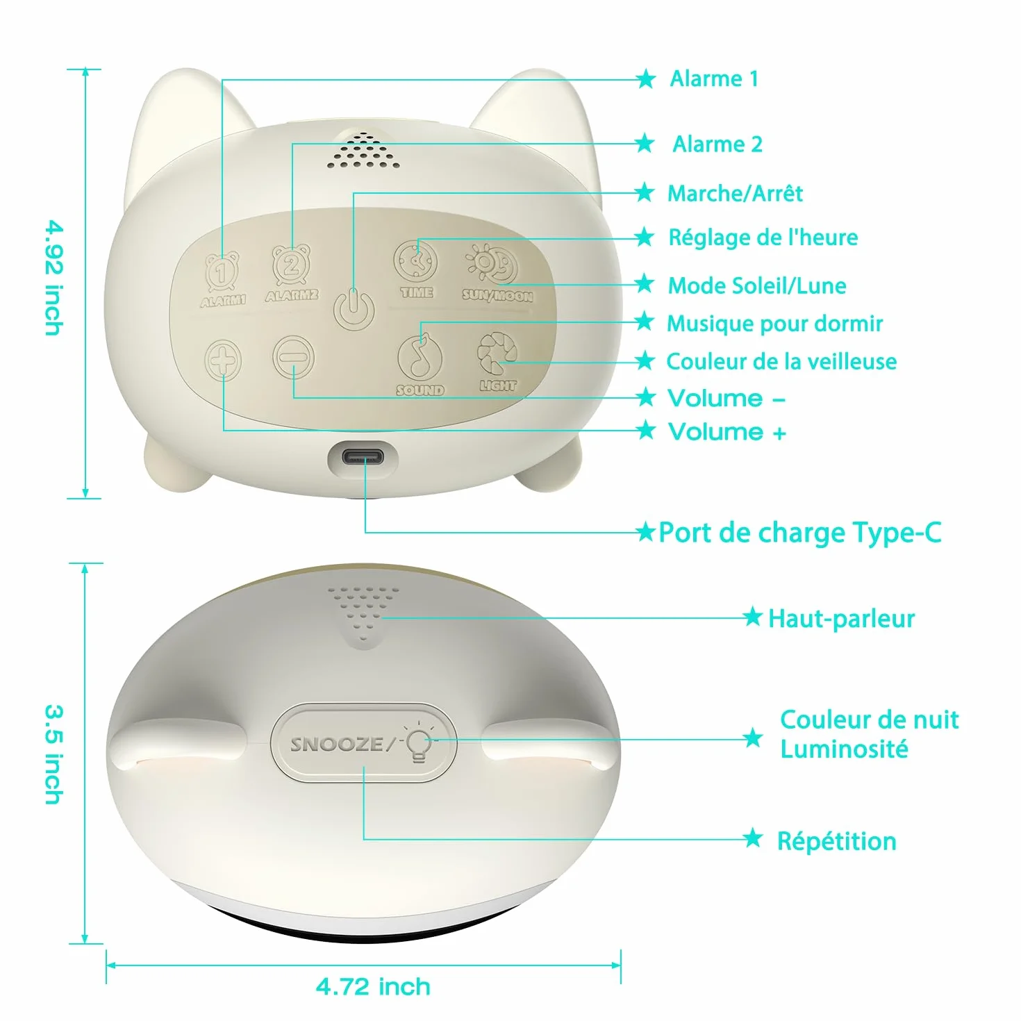 Réveil Enfant Éducatif Jour/Nuit avec LED 5 Couleurs, 7 Musiques, Deux Alarmes, Rechargeable USB Chat