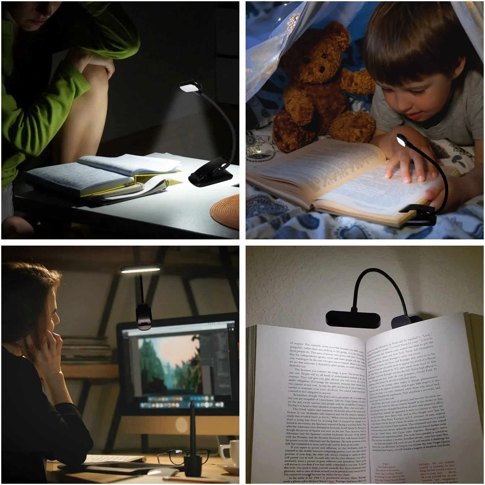 Lampe de Lecture USB Rechargeable, 3 Modes Protection des Yeux, Gradation Progressive, 360° Cou Flexible, Portable, Noir