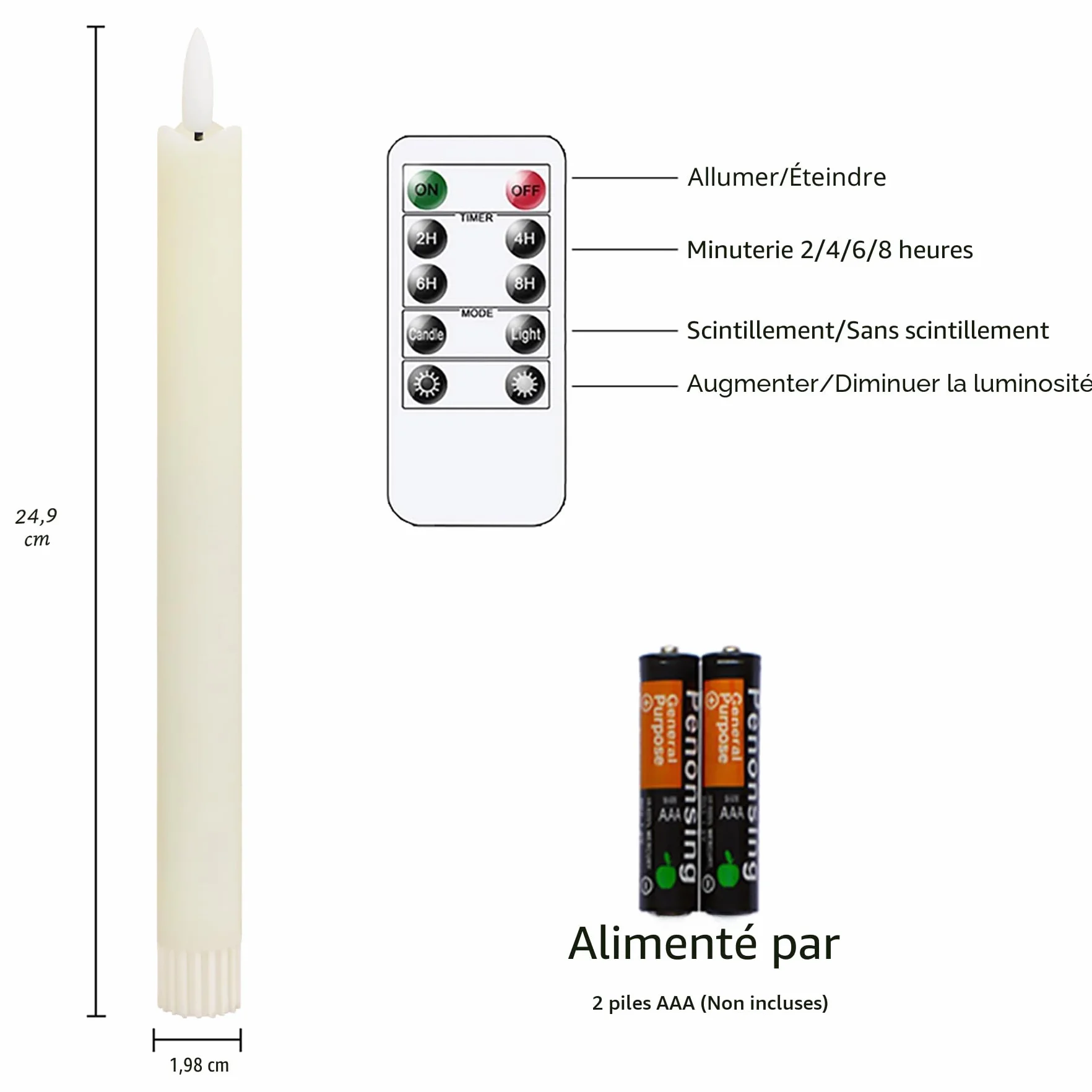 Bougies LED sans flamme avec minuterie, ivoire vacillantes sur piles, lot de 4 en cire véritable 25cm
