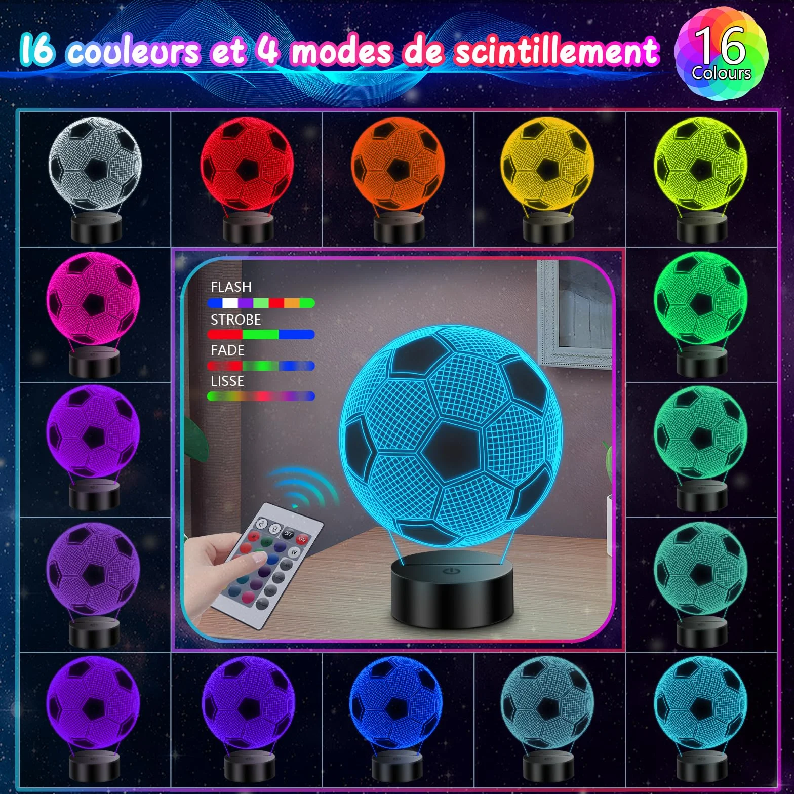 Veilleuse 3D Illusion Football pour Enfants, Lampe Foot Décoration Chambre Garçon 16 Couleurs