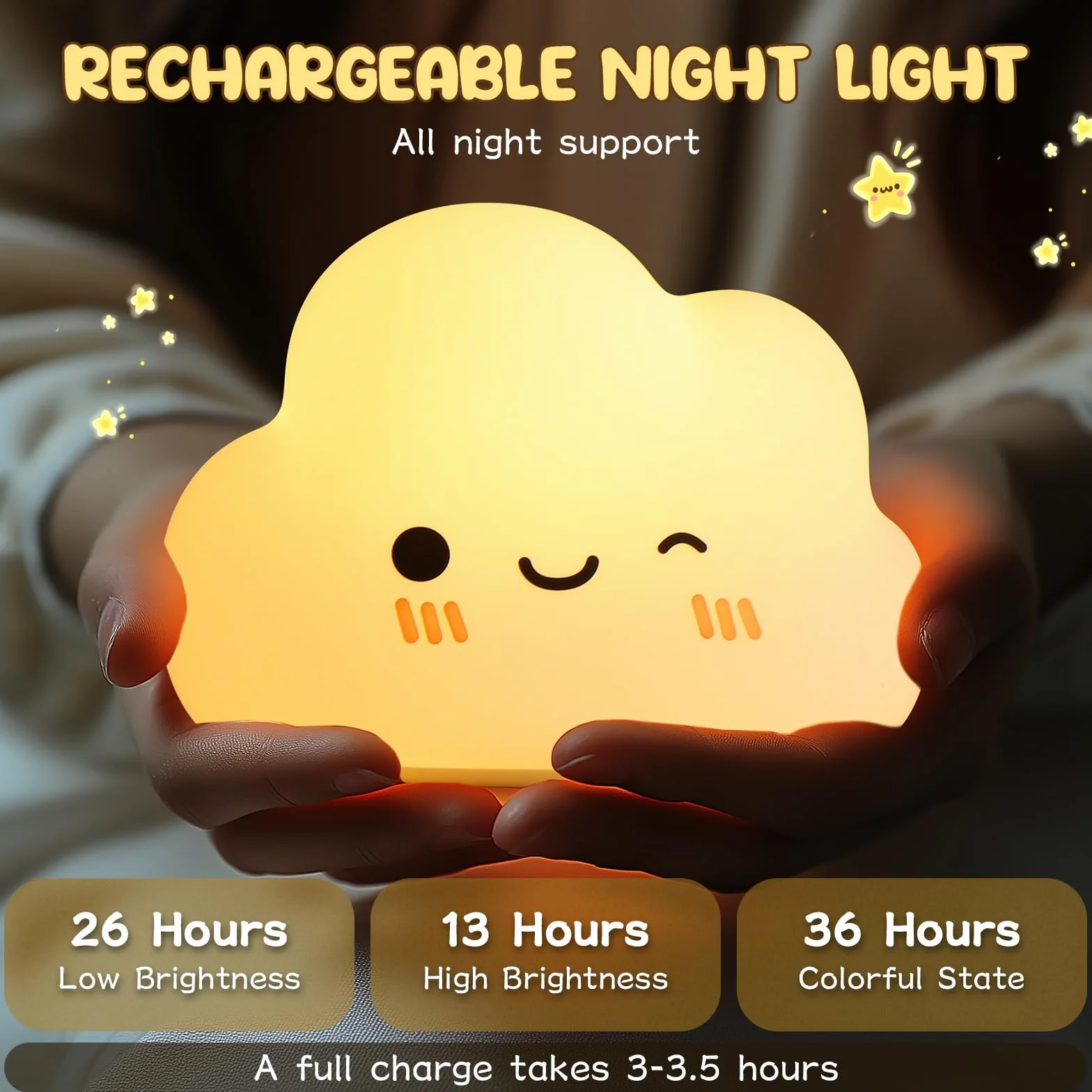 Diboniur Veilleuse Bébé Nuage Rechargeable, 7 Couleurs 3 Luminosité, Lampe de Chevet Enfant