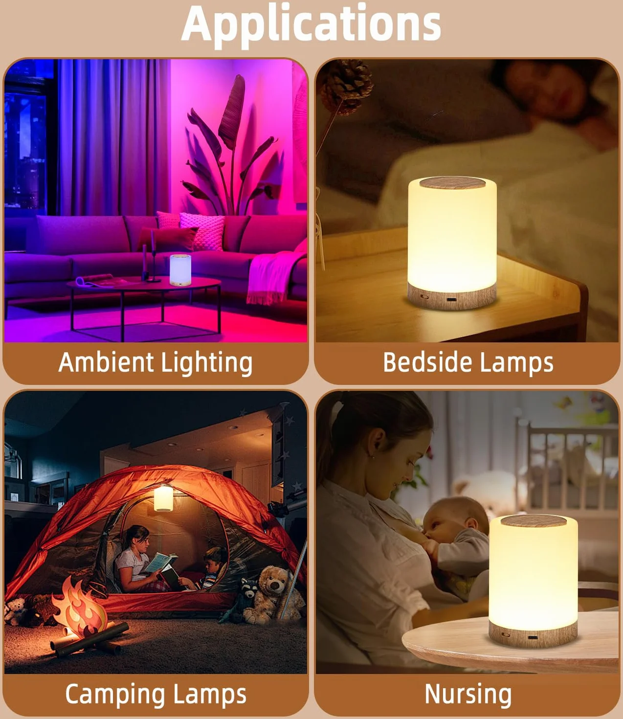 Lampe de Chevet LED RGB 7 Couleurs 4 Luminosités Tactile avec Crochet Intégré