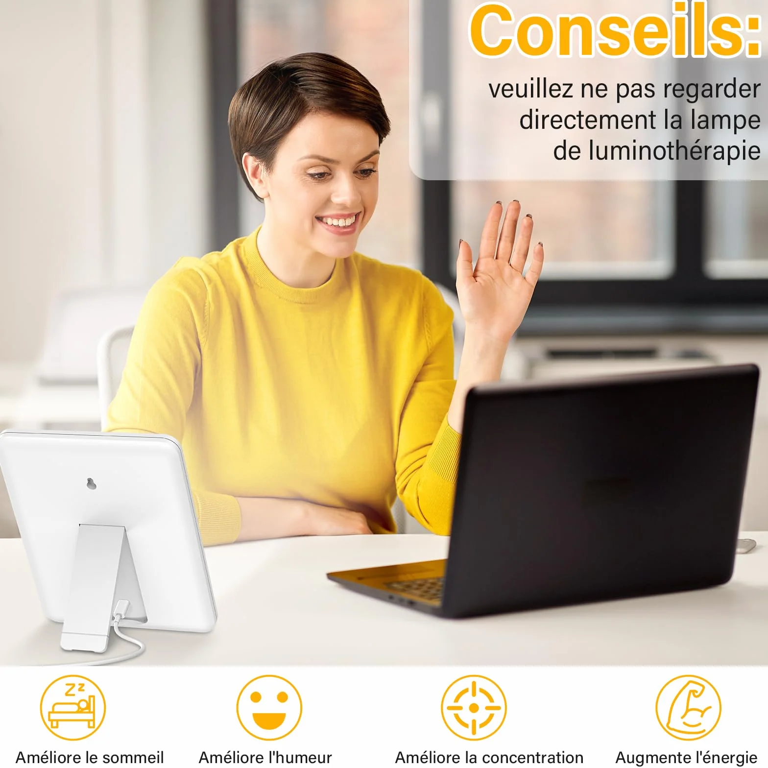 Lampe de luminothérapie 10000 Lux Sans UV Simulation de Lumière du jour avec Bruit Blanc, 3 Températures de Couleur, 5 Niveaux de Luminosité, 6 Minuterie, Fonction de Mémoire, Mode de Réveil