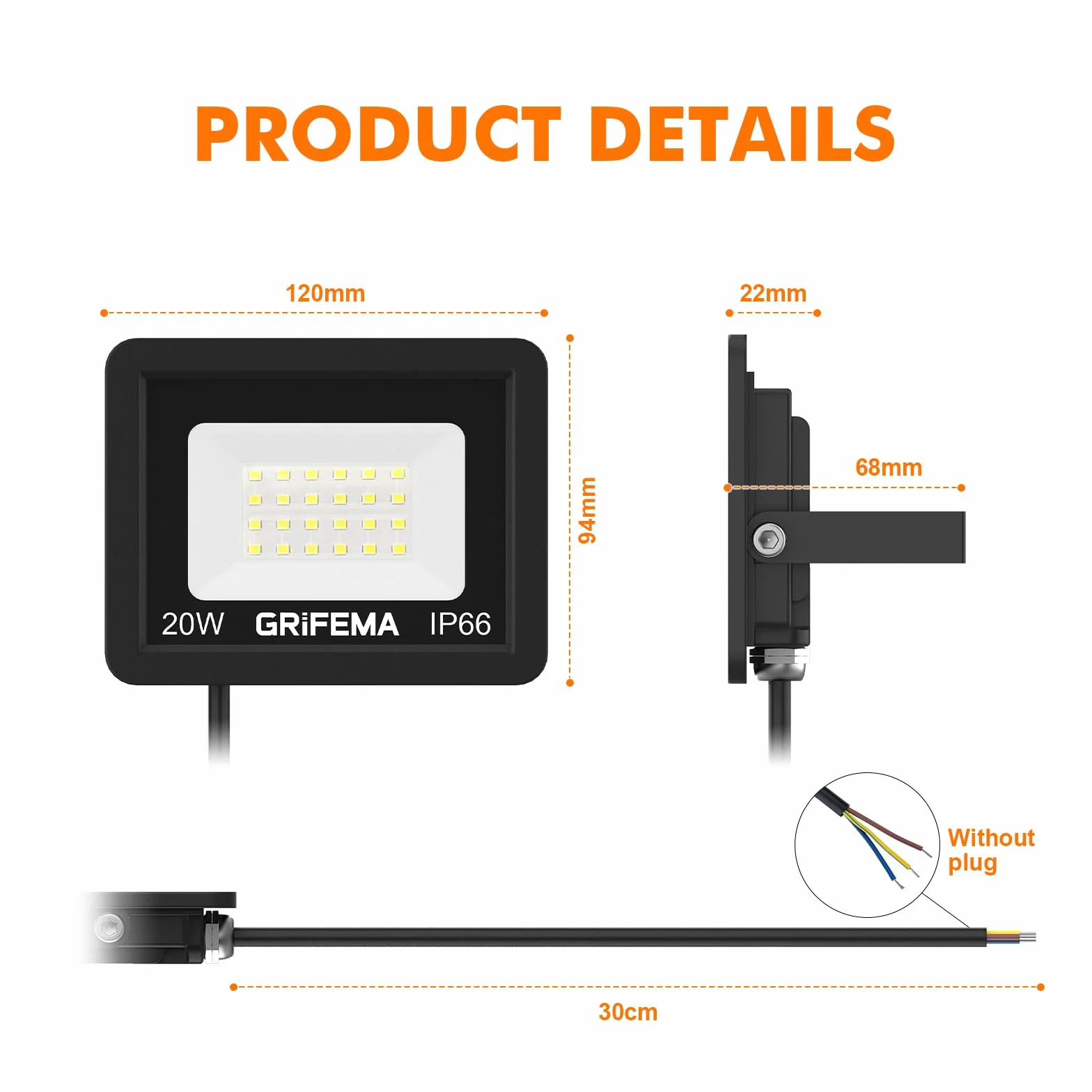 Grilléma 2PCS Projecteur LED Extérieur 20W 24 LEDs 2200LM IP66 Étanche Blanc Froid 6500K