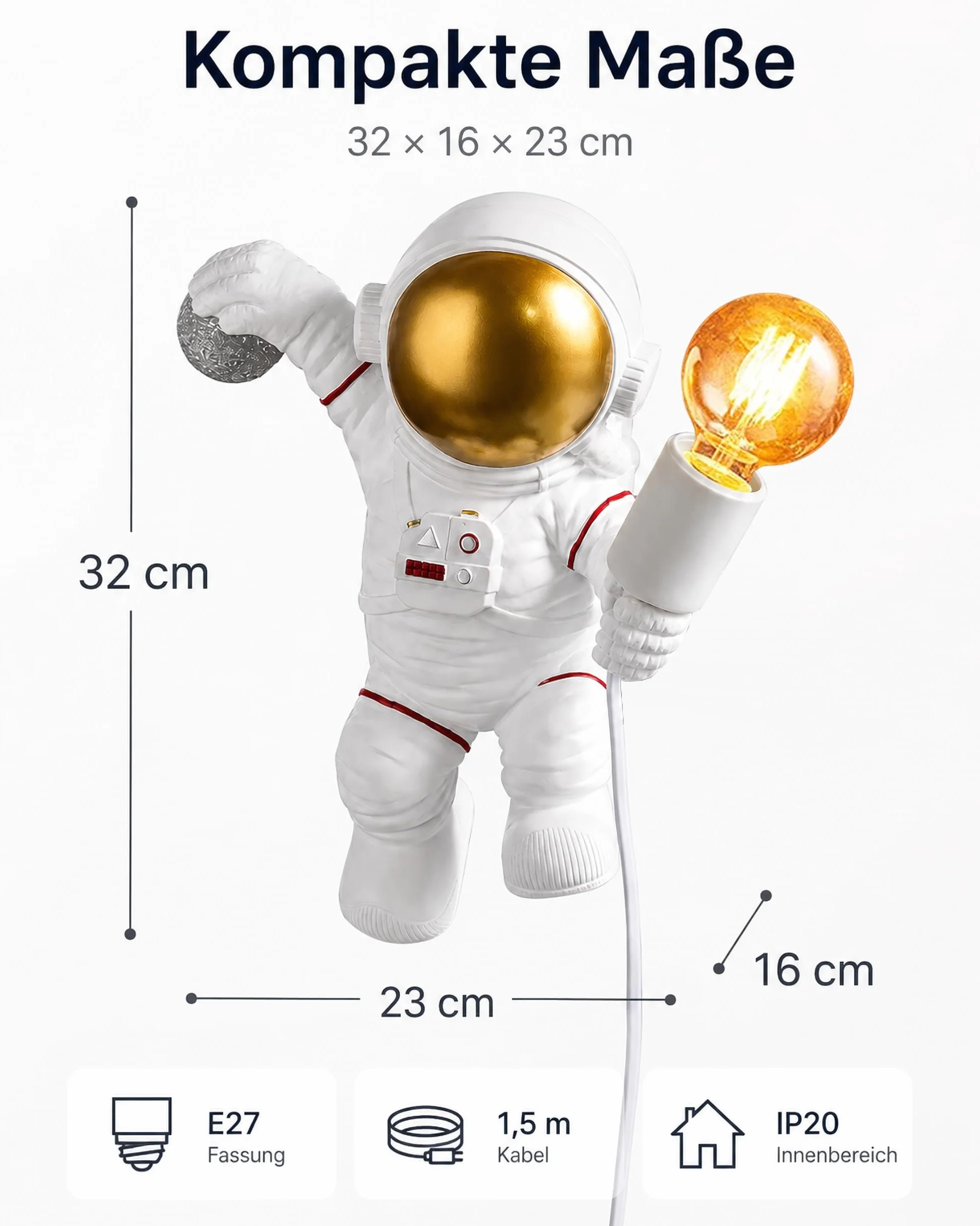 ACMHNC Applique Murale Enfant avec Interrupteur E27 Astronaute Lampe Murale Prise Câble 1,5 M Blanc