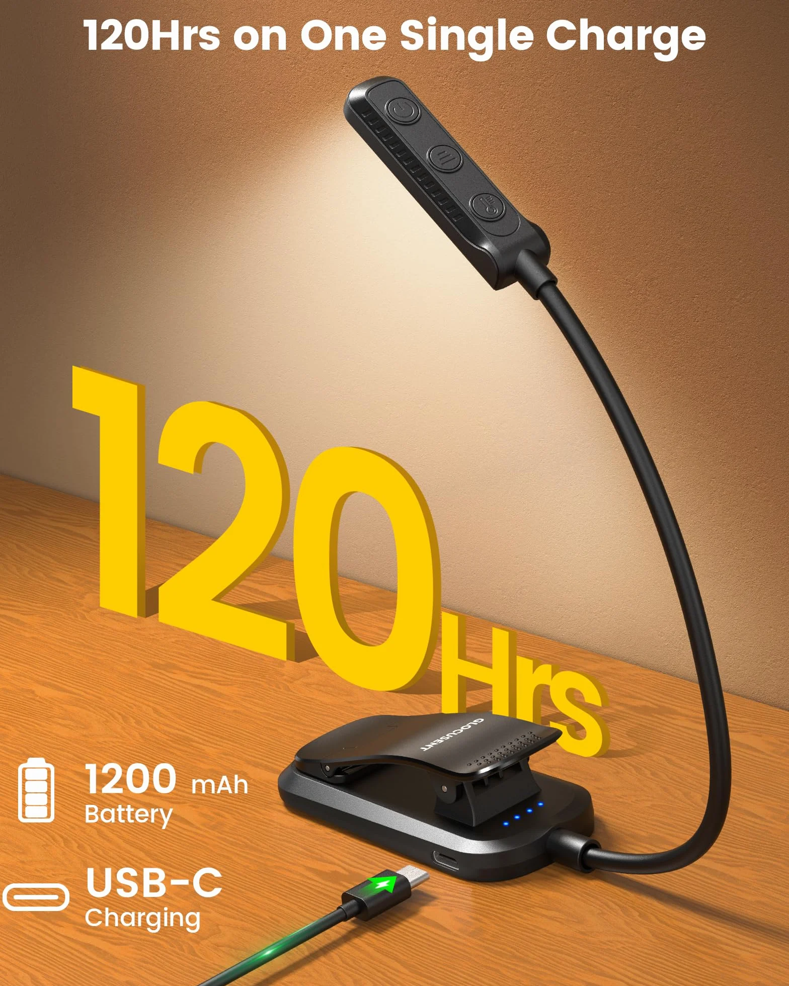 Glocusent Lampe de Lecture Rechargeable 120h Autonomie 3 Modes Couleur Gradation 3–60LM 360° Flexible Indicateur de Batterie