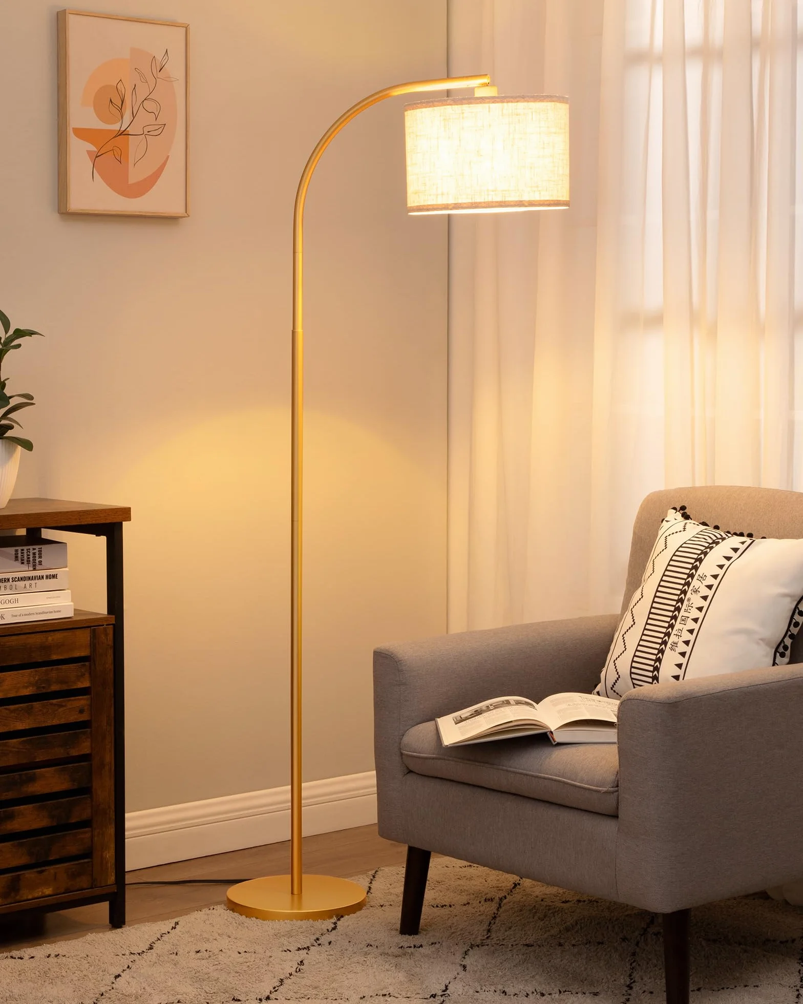Lampadaire Doré Salon 161 cm avec Abat-Jour Lin Beige, Ampoule E27 Incluse