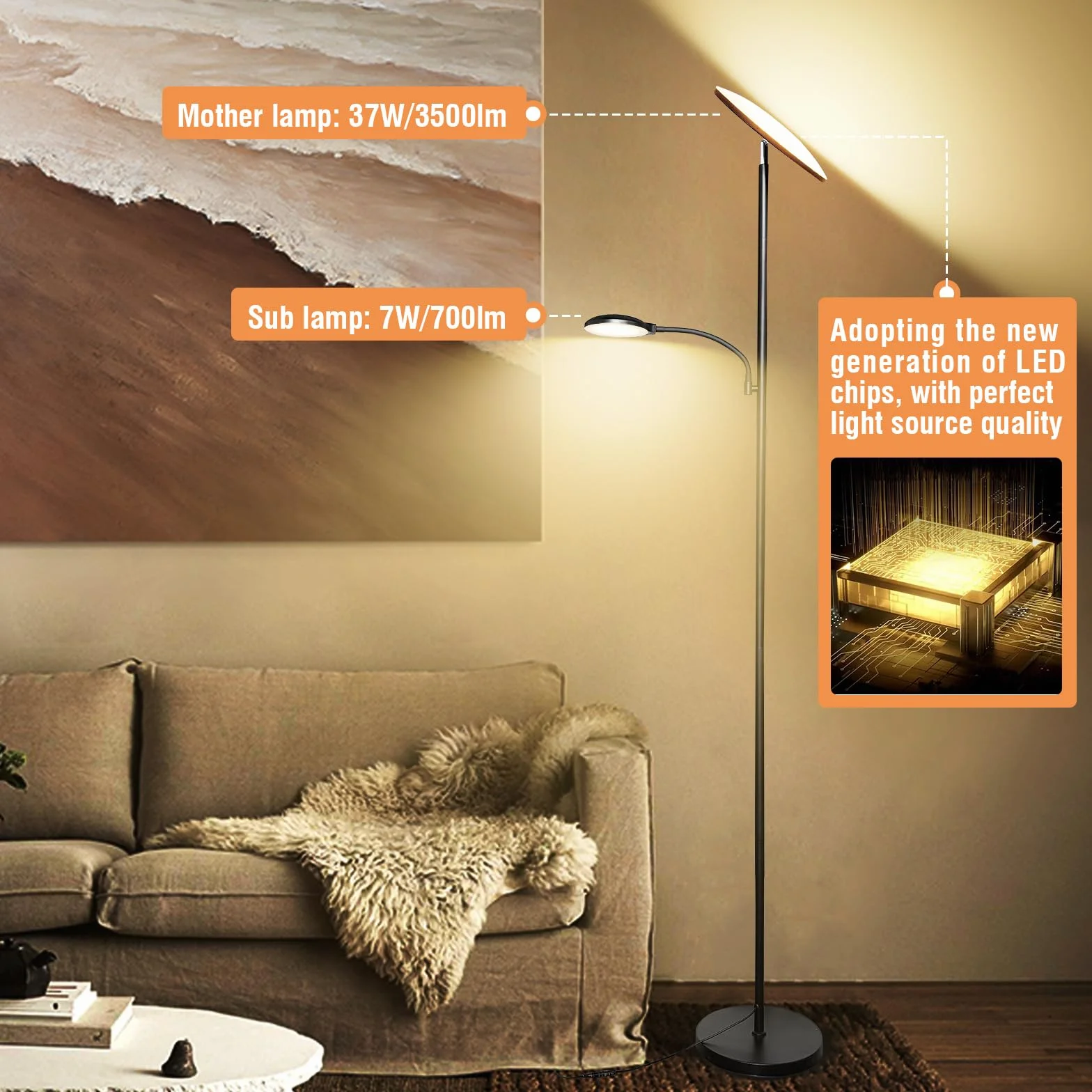 Lampadaire LED 44W 4500LM Dimmable 2700K-6500K avec Télécommande et Contrôle Tactile
