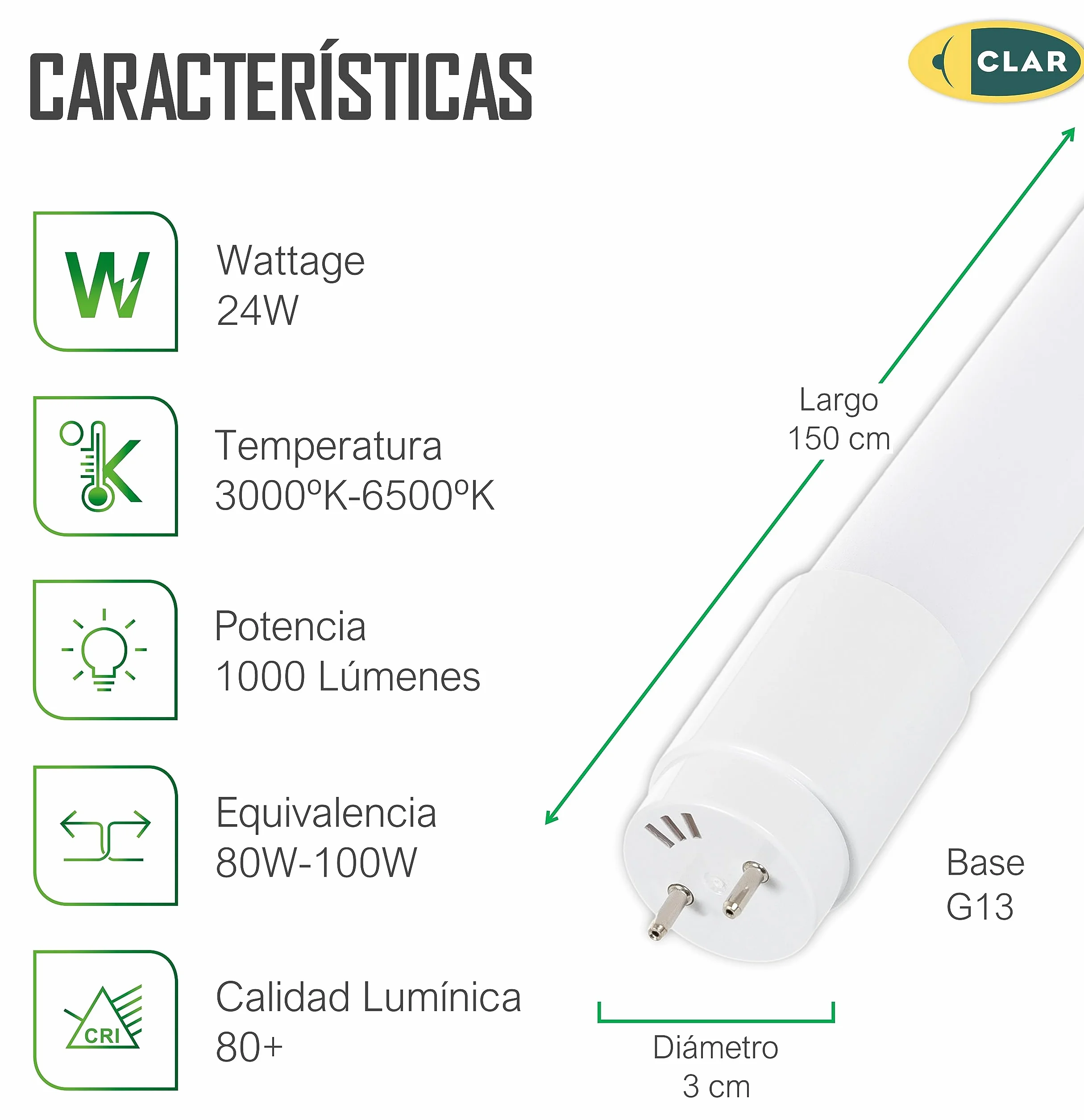 CLAR Néon LED T8 90 cm 14W Blanc Froid 6500K Pack 30