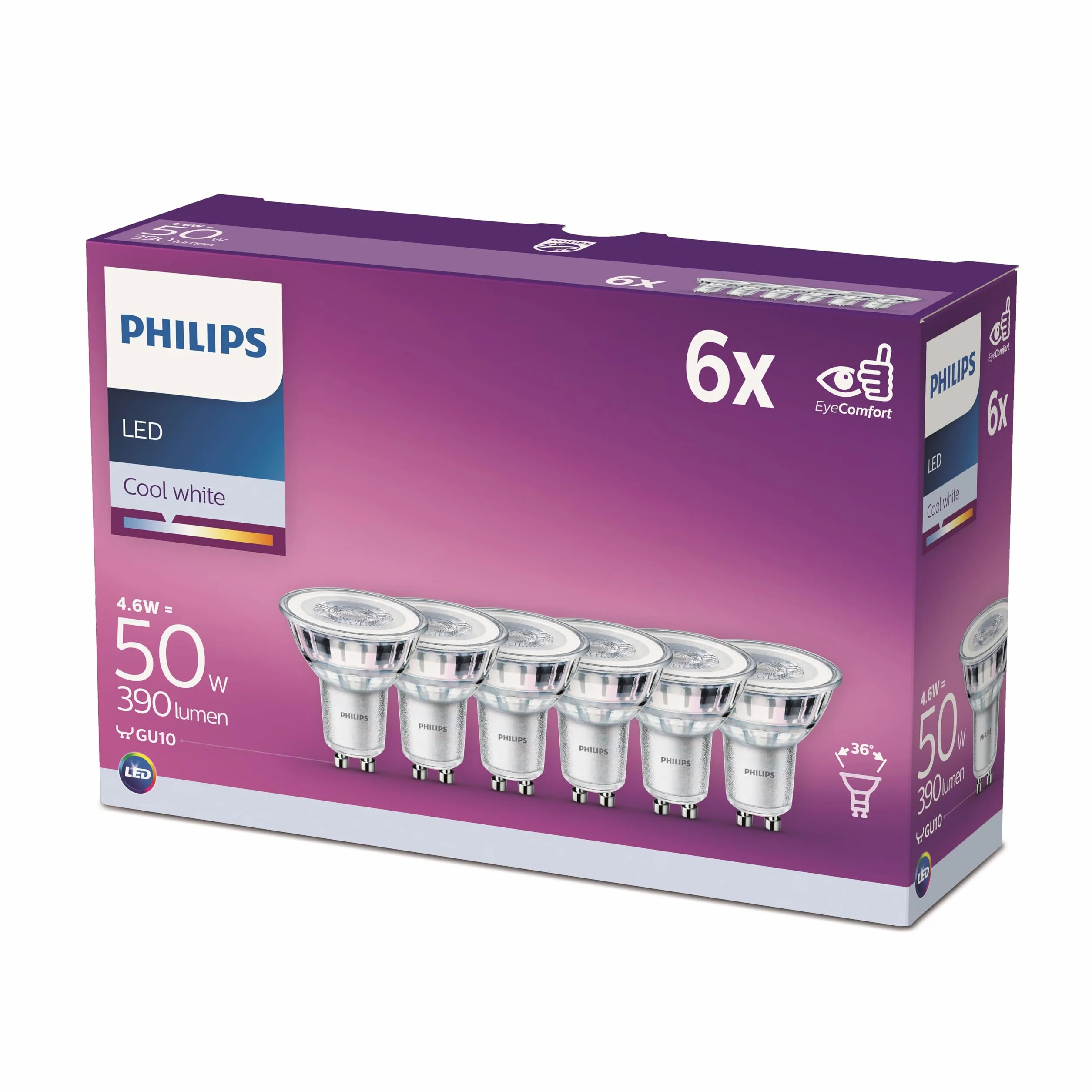 Philips LED ampoule GU10 50W équivalent 4000K blanc neutre 390 lumens lot de 6
