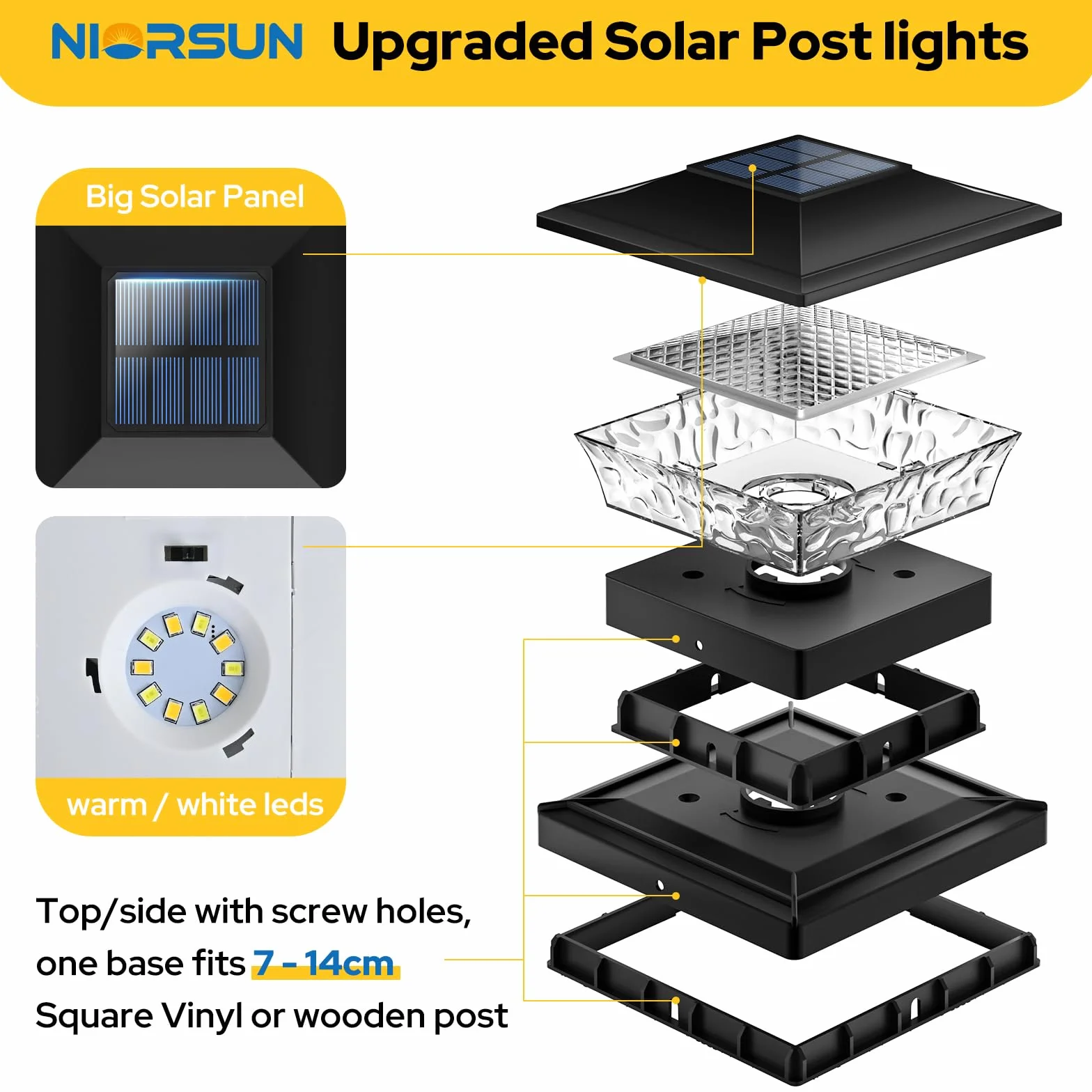 NIORSUN Lot de 4 capuchons solaires pour poteau extérieur