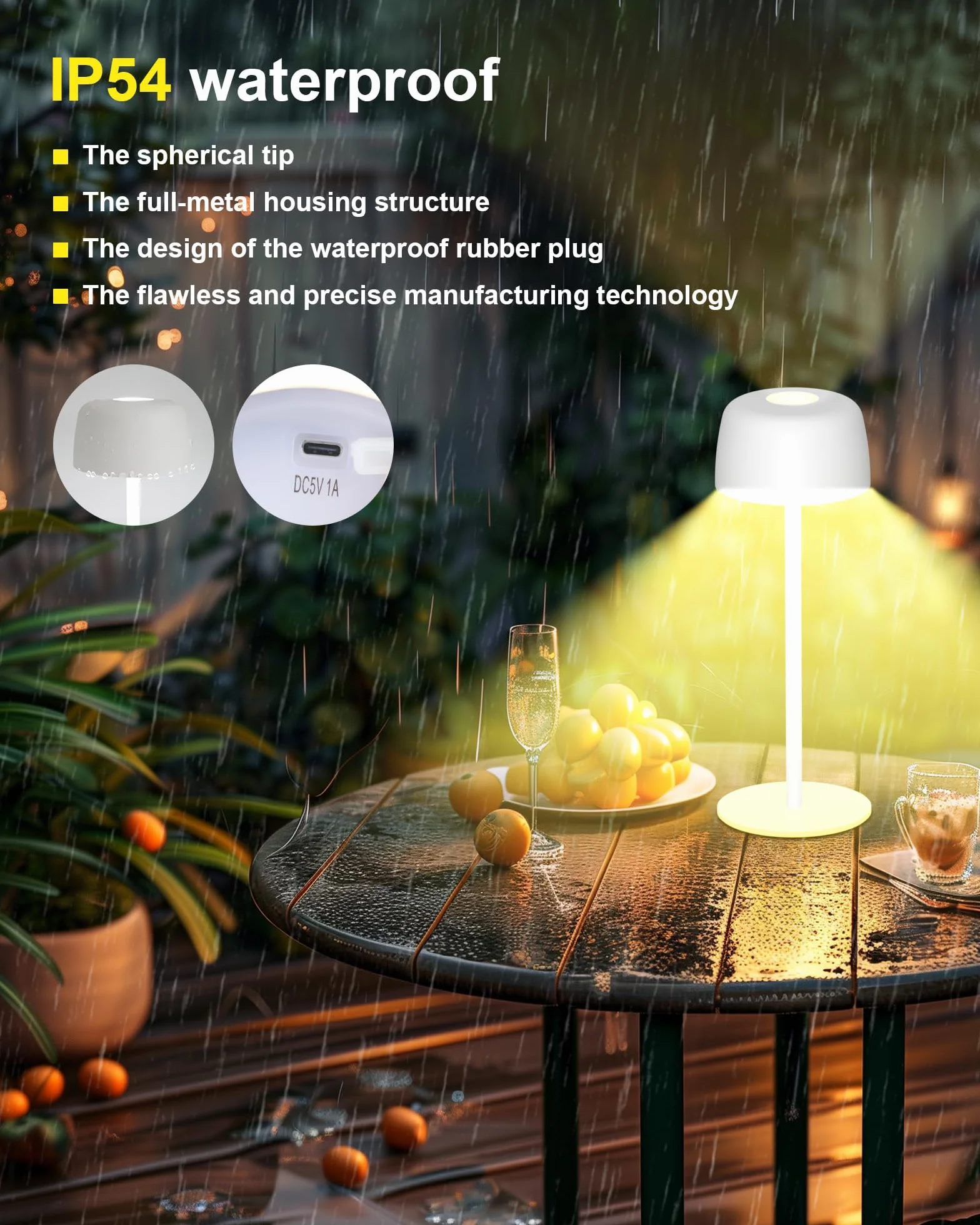 TRUMPETS Lampe de Table LED Sans fil Rechargeable Métal IP54, 3 Couleurs Dimmable Contrôle Tactile