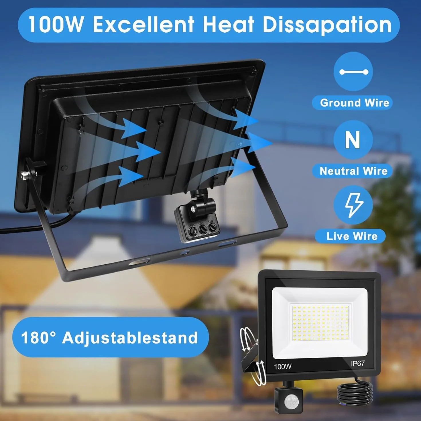 Projecteur LED Exterieur Detecteur de Mouvement 100W 10000LM 7000K IP67 Etanche Eclairage Exterieur