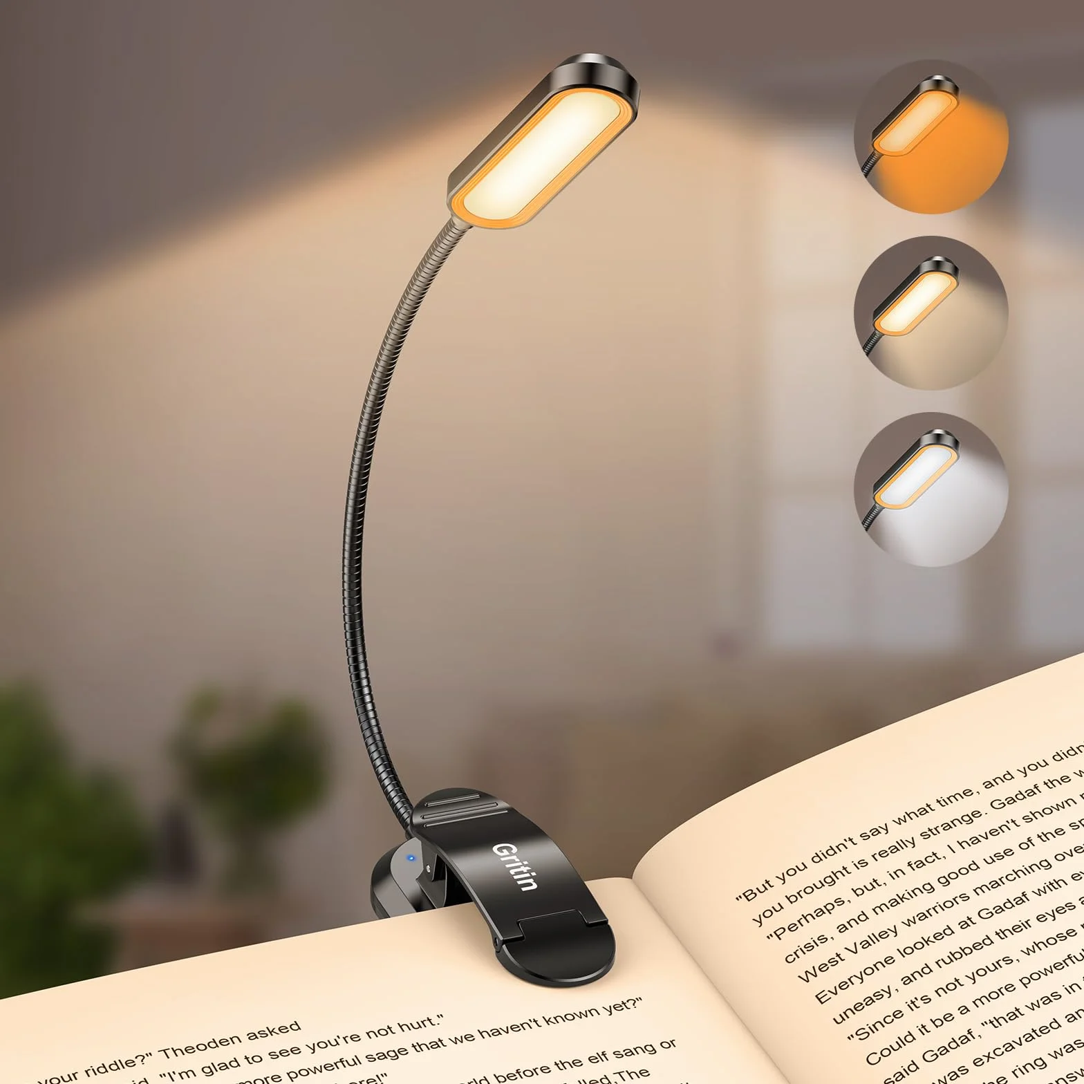Gritin Lampe de Lecture Rechargeable 11 LED Liseuse Lampe Clip Protection des Yeux 3 Couleurs 3 Niveaux de Luminosité 360° Cou Flexible