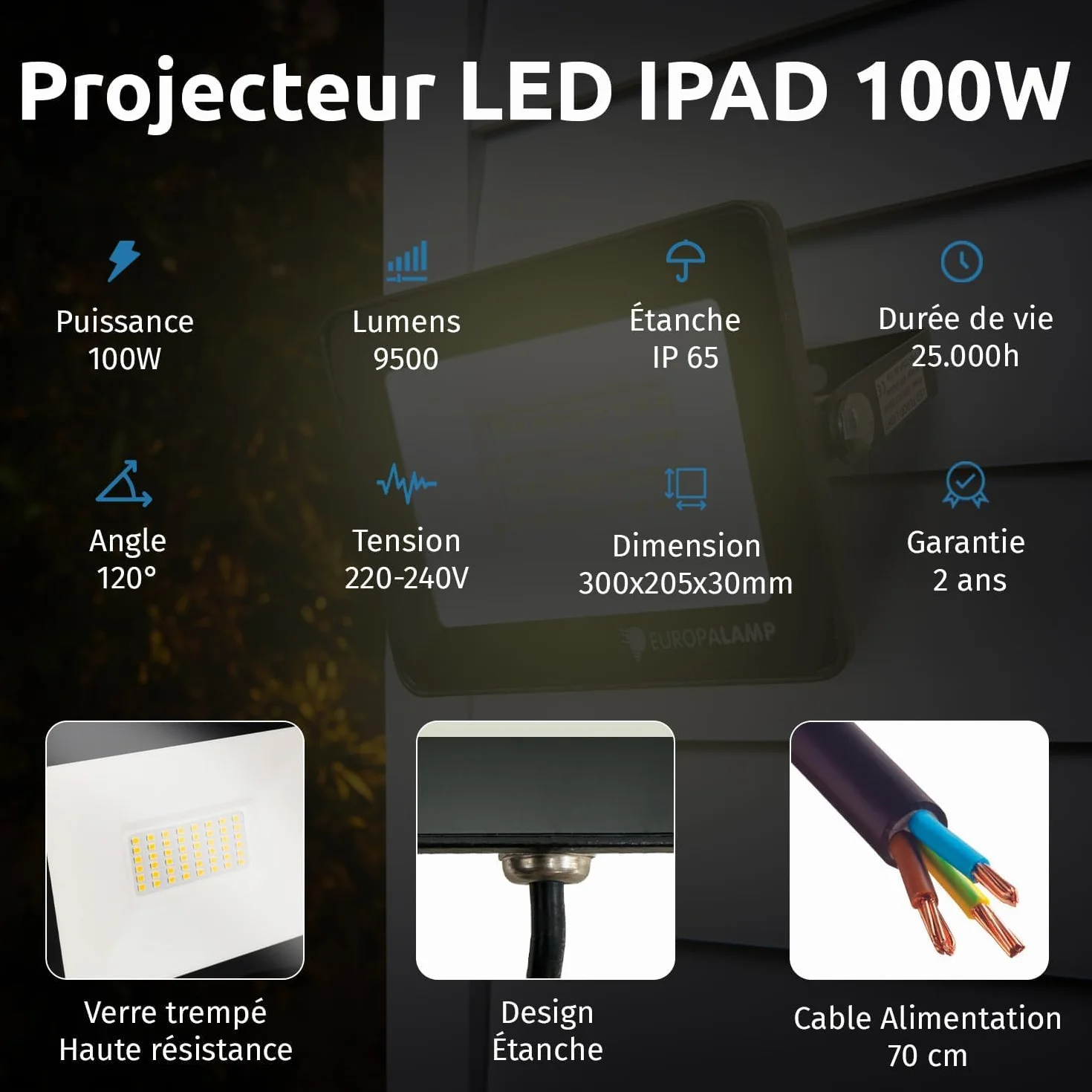 Europalamp Projecteur LED 100W Blanc 6000K Blanc froid
