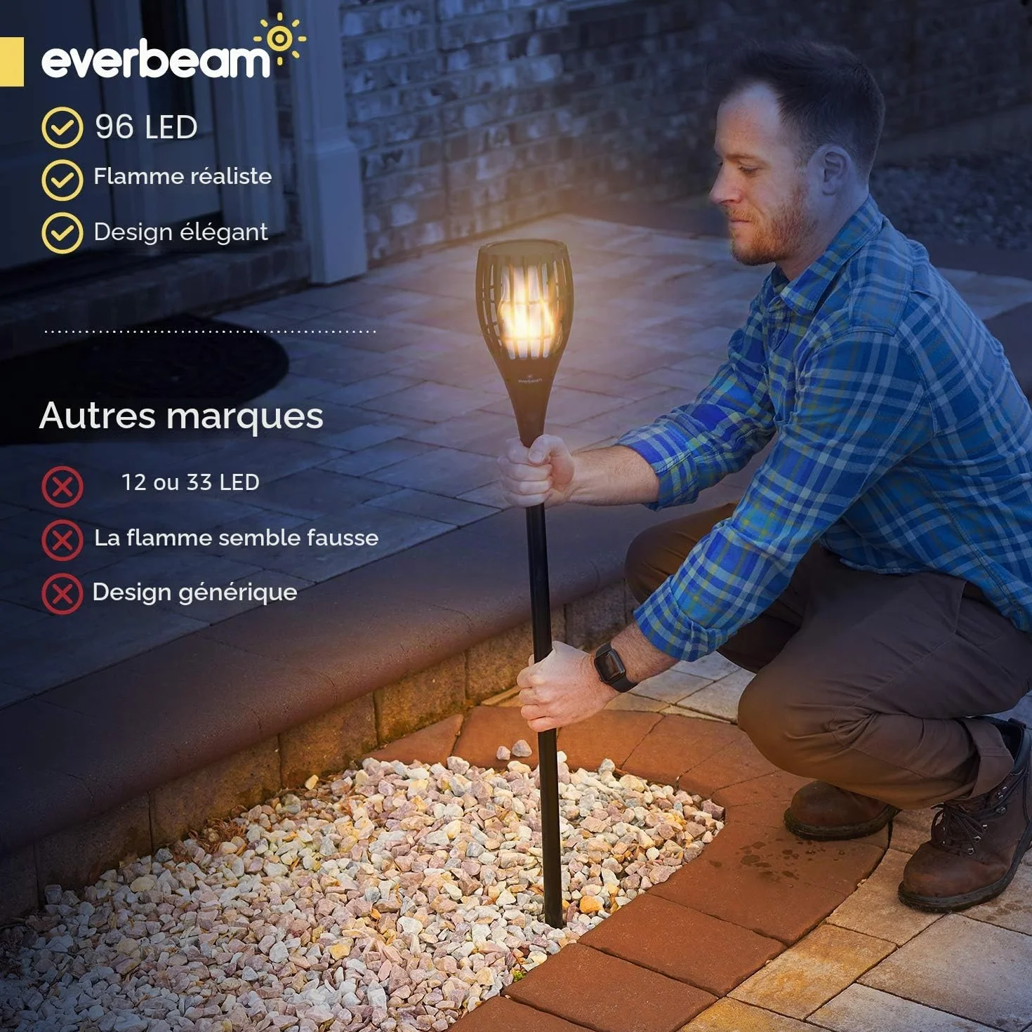 Everbeam P1 Torche Solaire avec Flamme Vacillante, 96 LED, Imperméable Extérieur, Lot de 2