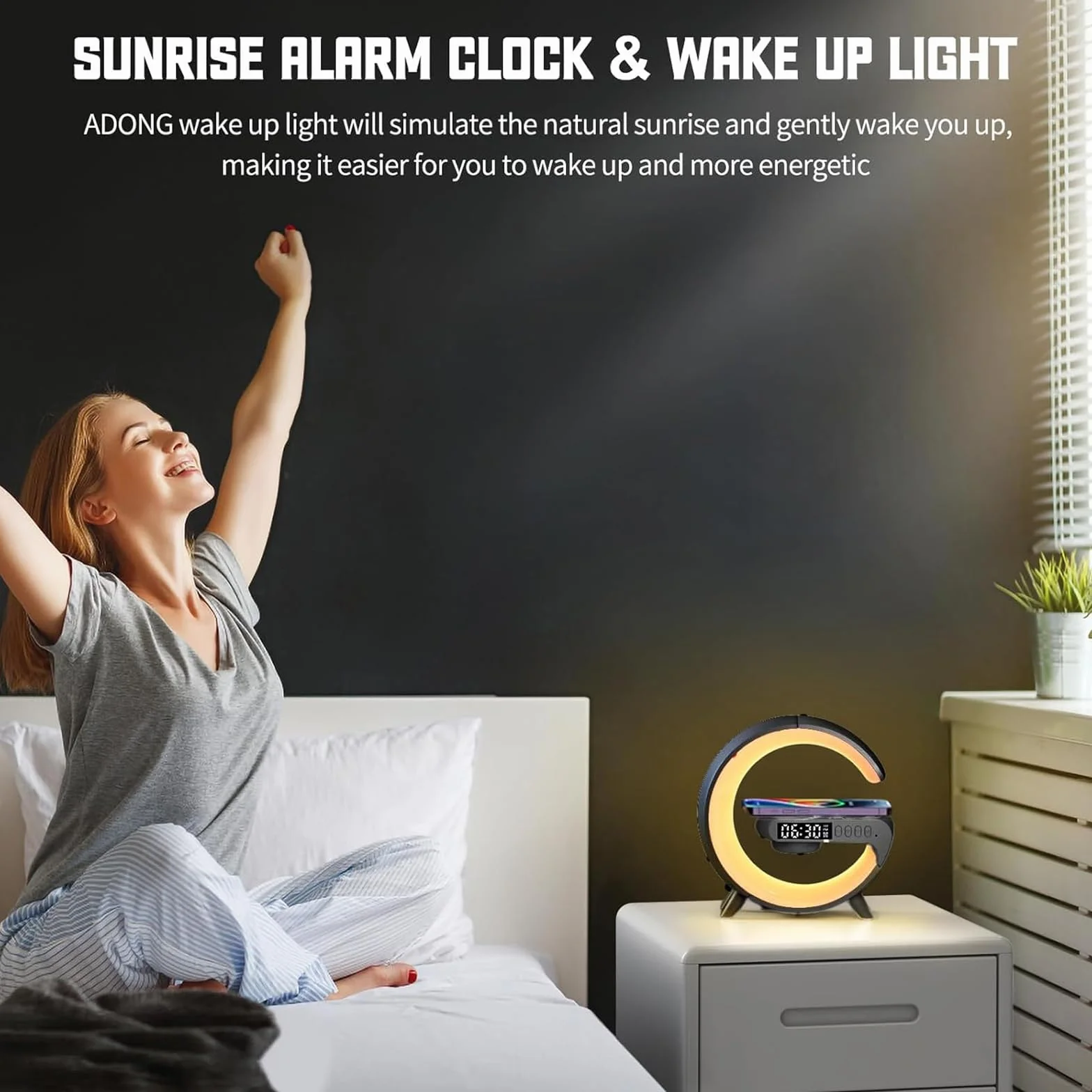 Lampe de Table Intelligente avec Charge Sans Fil et Haut-Parleur Bluetooth, Réveil Simulateur d'Aube Noir