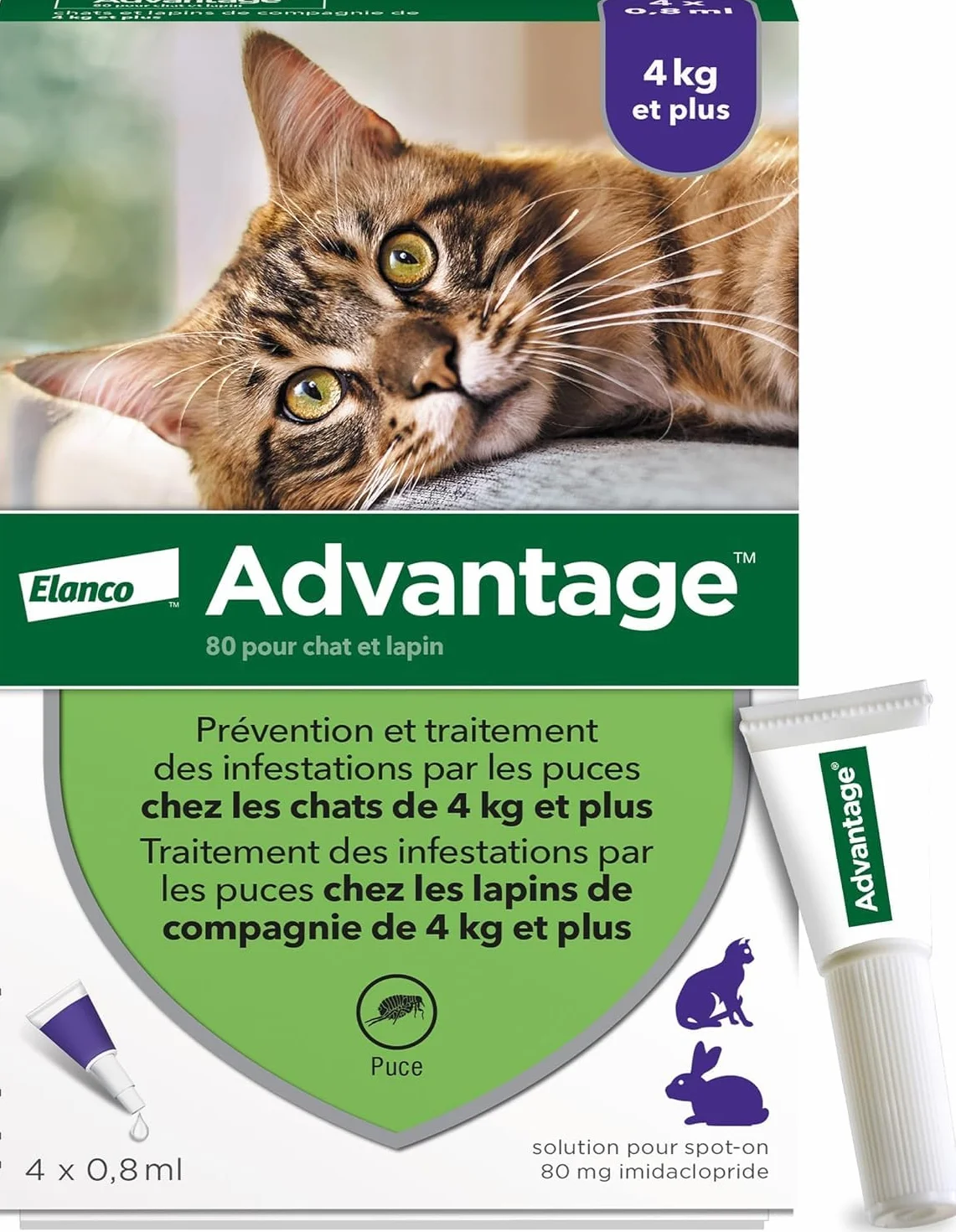 Advantage Chat & Lapin 4 kg – Pipettes anti puces chat prévention infestations – Traitement anti puces lapin protection continue 3-4 semaines – 4 x 0,8 ml