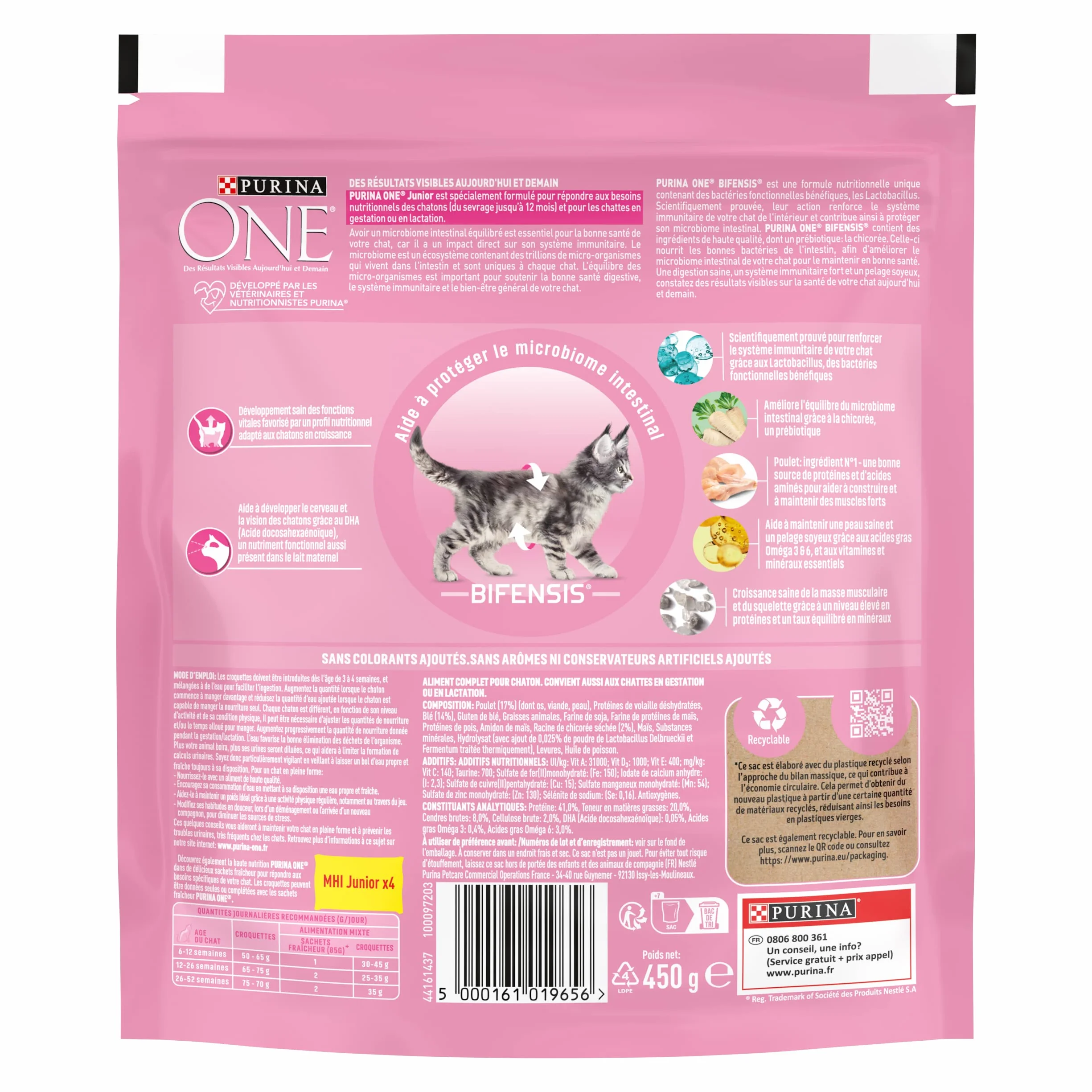 PURINA ONE BIFENSIS JUNIOR Croquettes Chaton jusqu'à 12 mois Chattes Gestation Poulet 450g