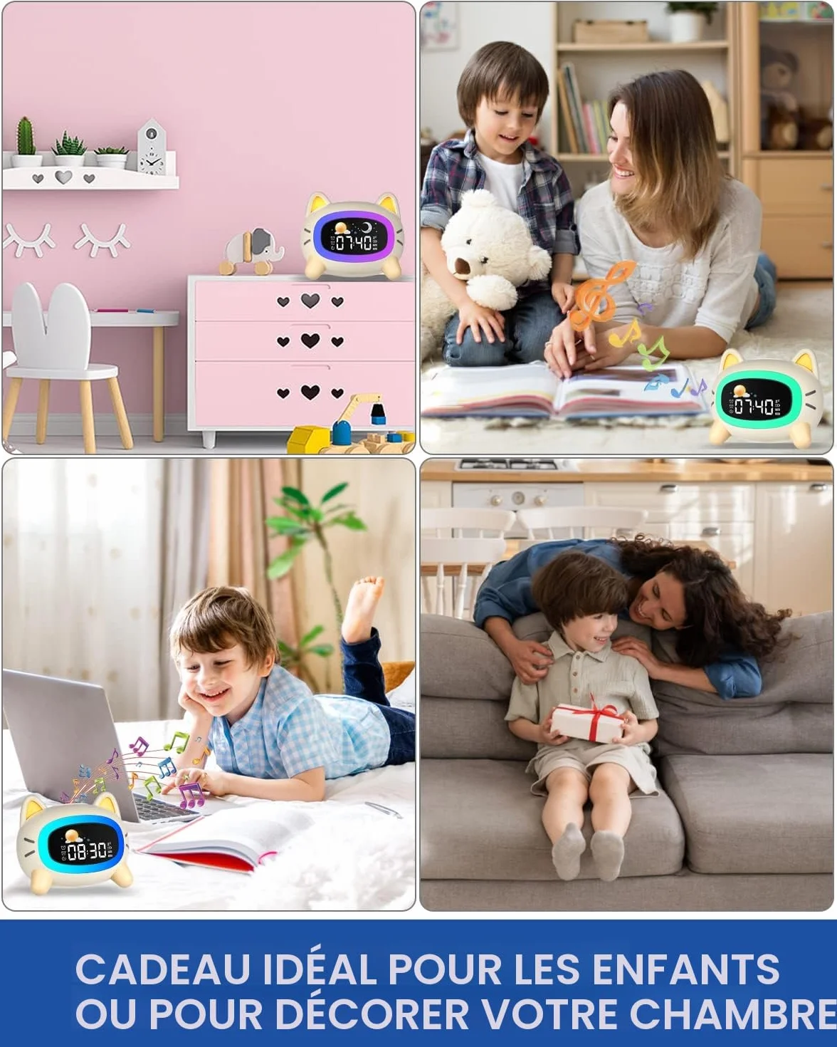 Réveils Lumineux pour Enfants avec 5 Veilleuses, 4 Niveaux de Lumière Réglables et 7 Musiques de Sommeil, Réveil Rechargeable avec Snooze